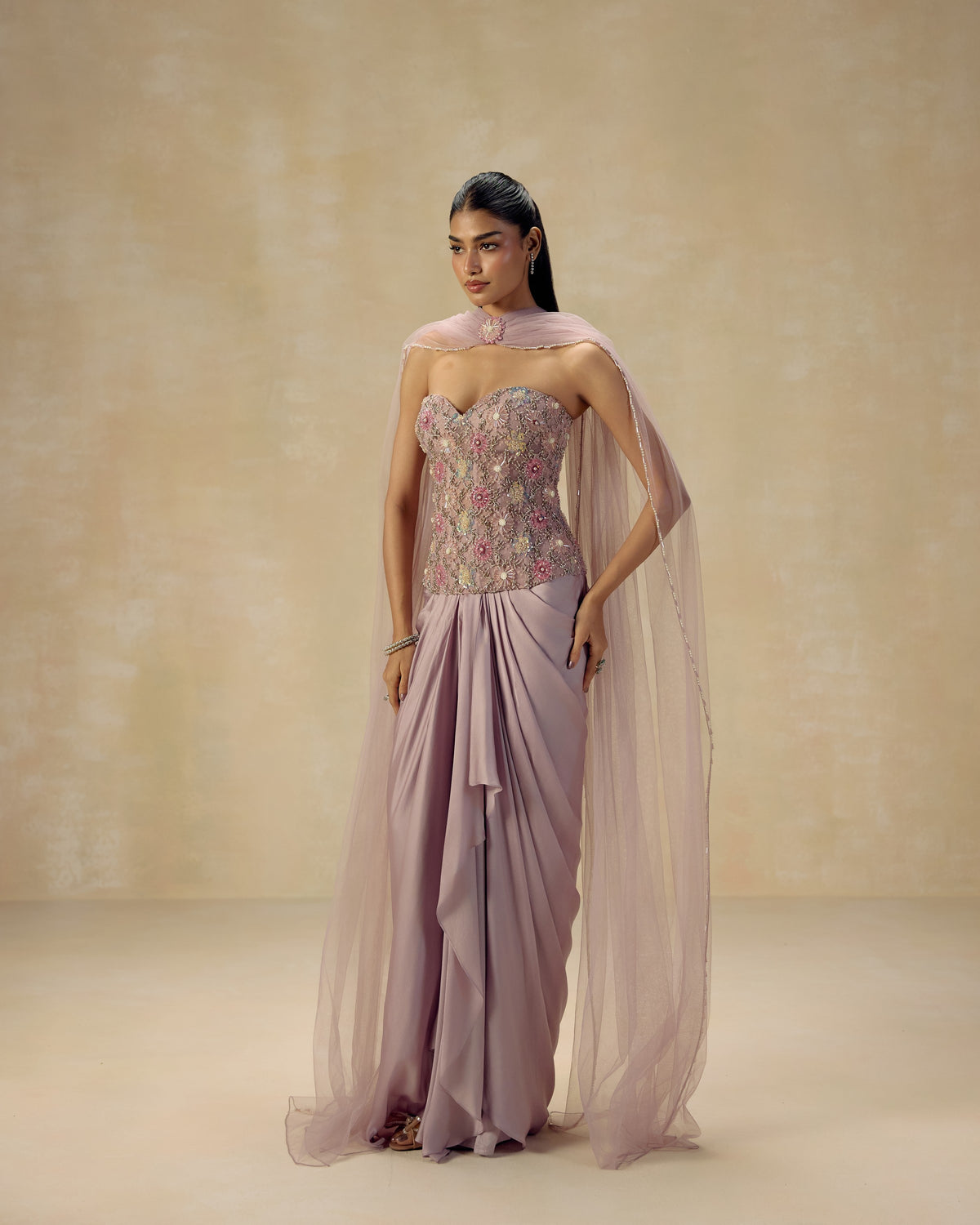 Dusty pink Bemberg satin corset hand-embroidered in crystals, with draped skirt and dupatta — RINESSA