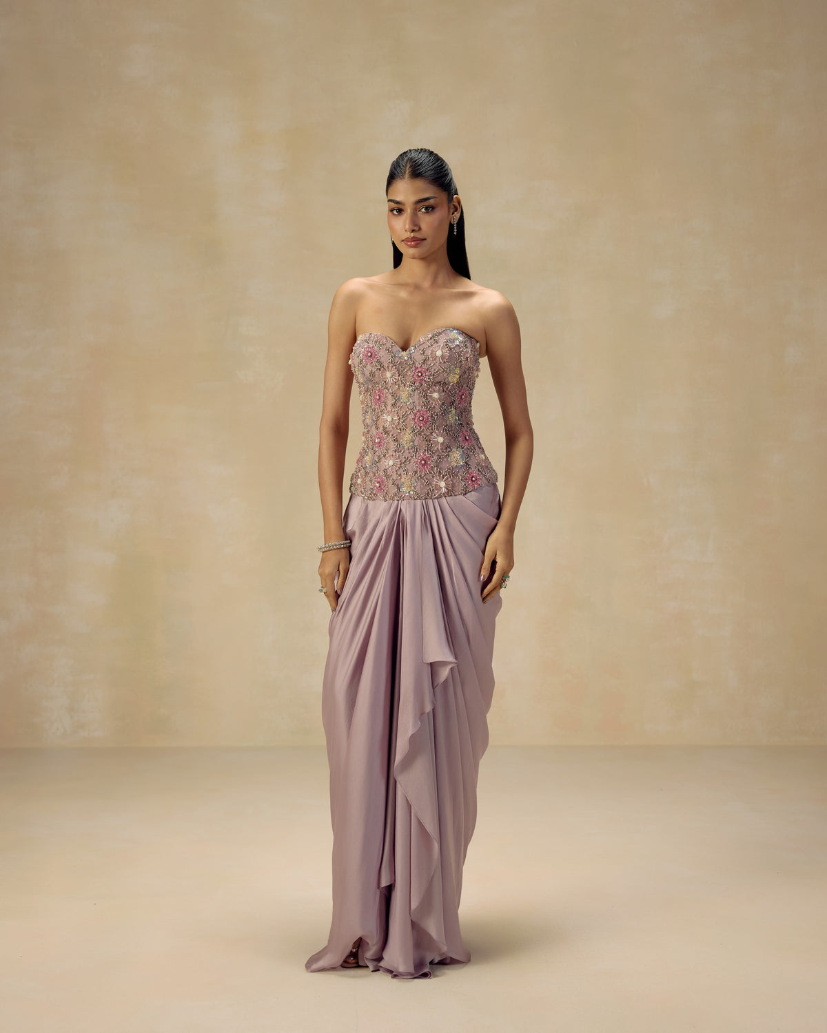 Pink Crystal Corset with Dupatta, side view — RINESSA