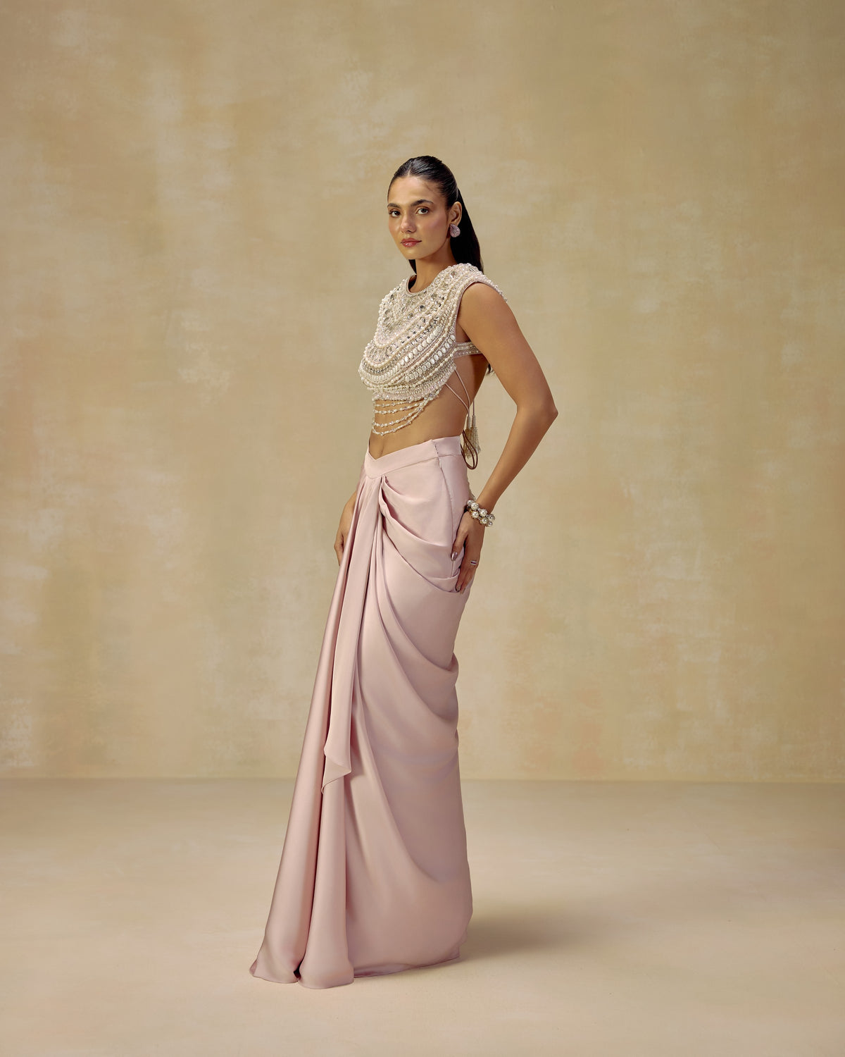 Pink Pearl Blouse with Draped Skirt, side view — RINESSA