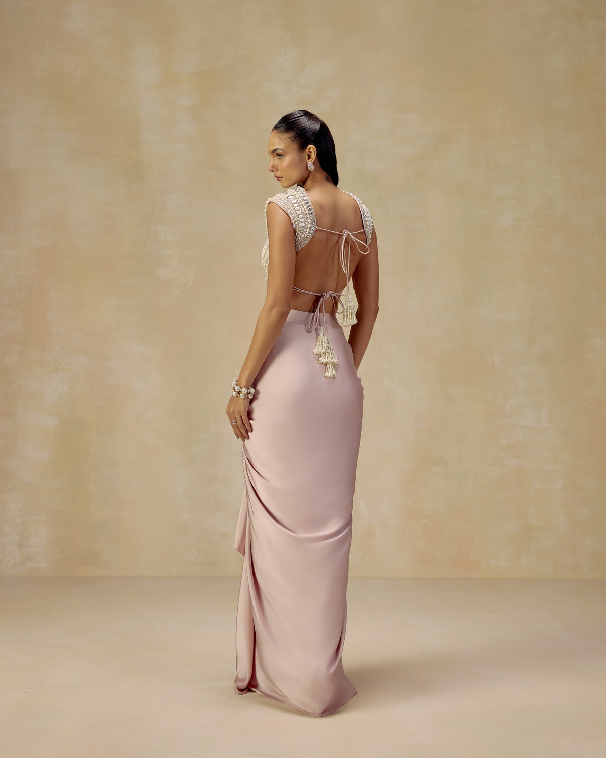 Pink Pearl Blouse with Draped Skirt, hand embroidery detail — RINESSA
