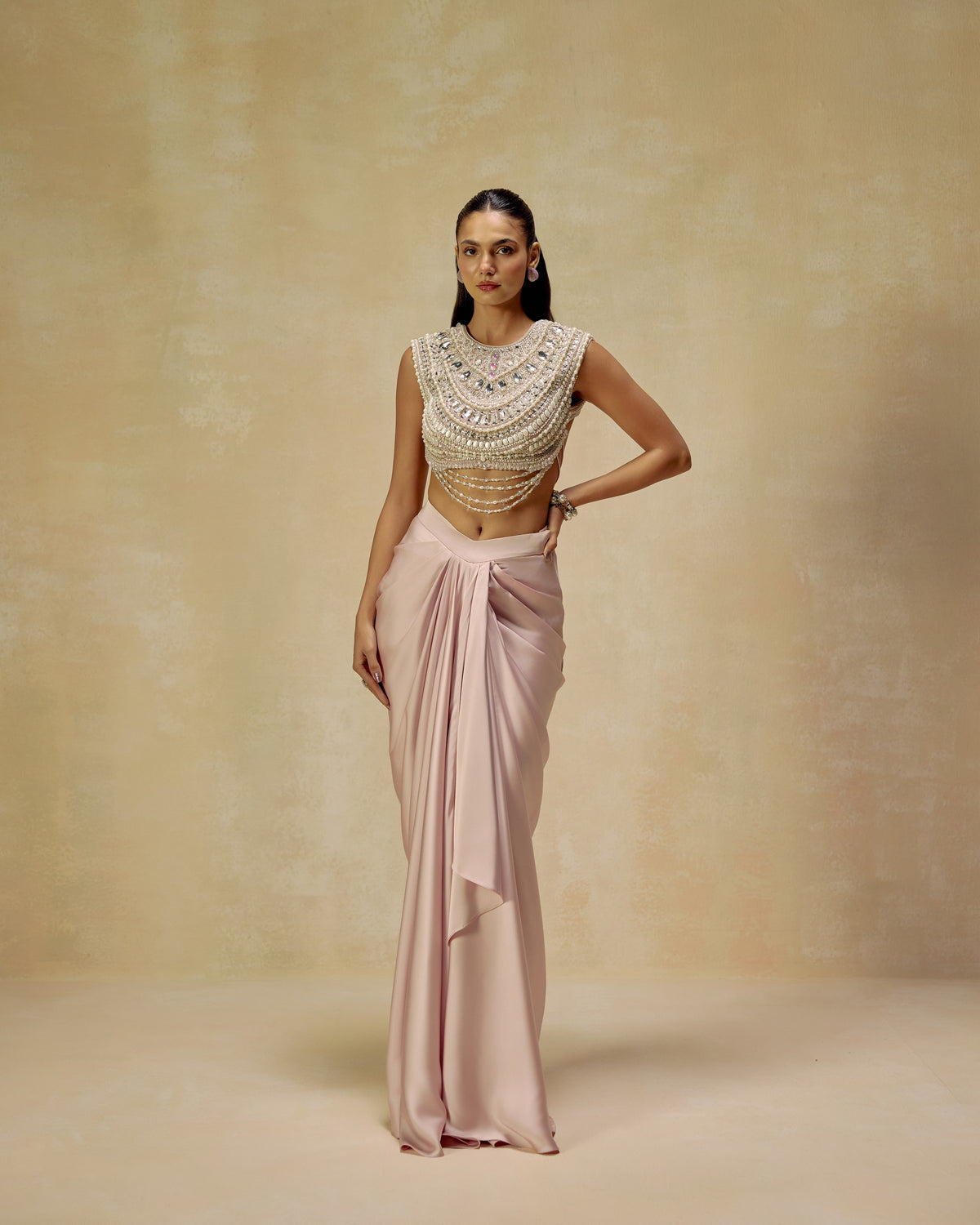 Pink Pearl Blouse with Draped Skirt, editorial image — RINESSA