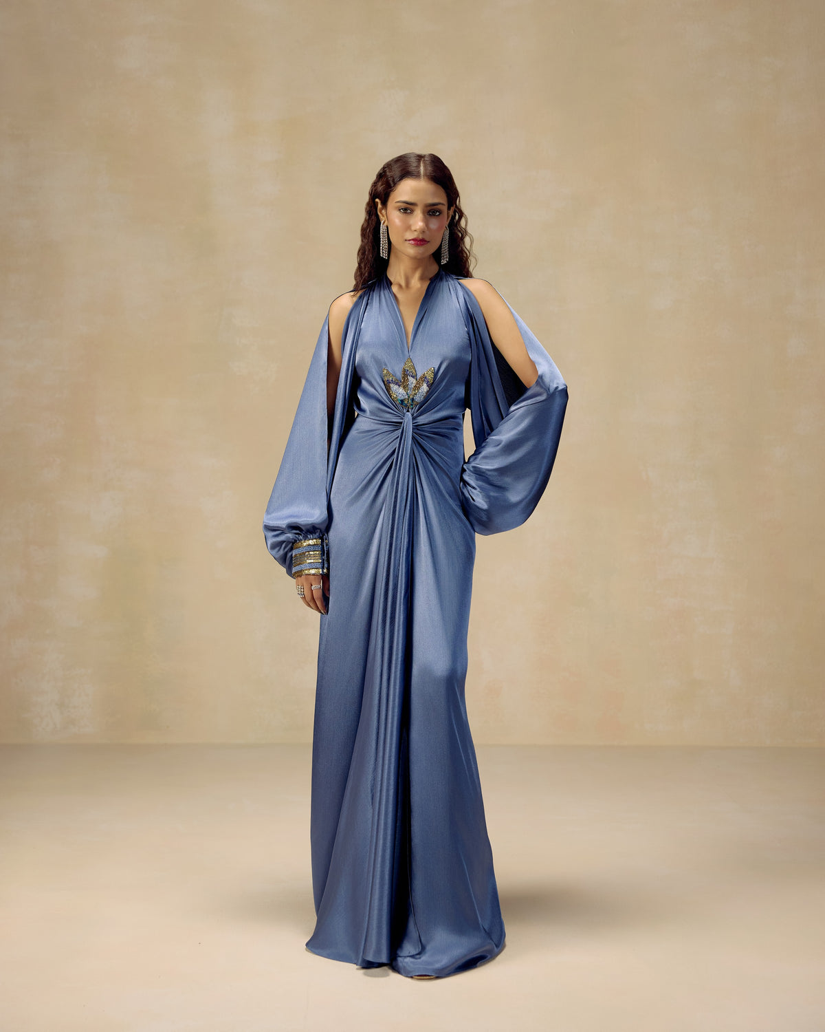 Powder blue textured satin cold-shoulder cut-out kaftan with hand embroidery and gold chains — RINESSA