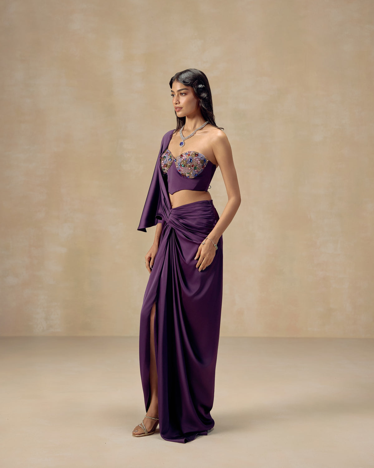 Purple Crystal Pre-Draped Saree, side view — RINESSA