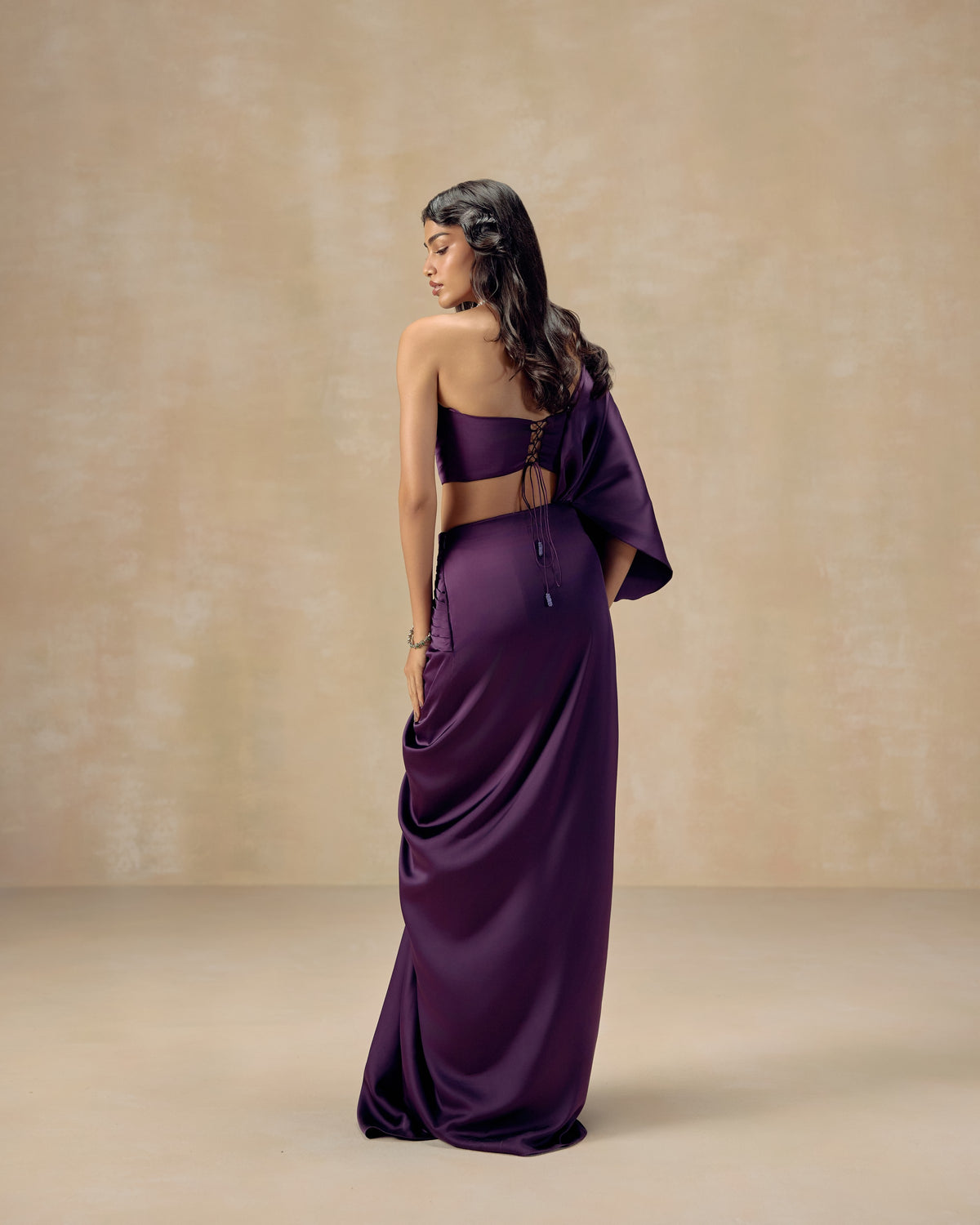 Purple Crystal Pre-Draped Saree, hand embroidery detail — RINESSA