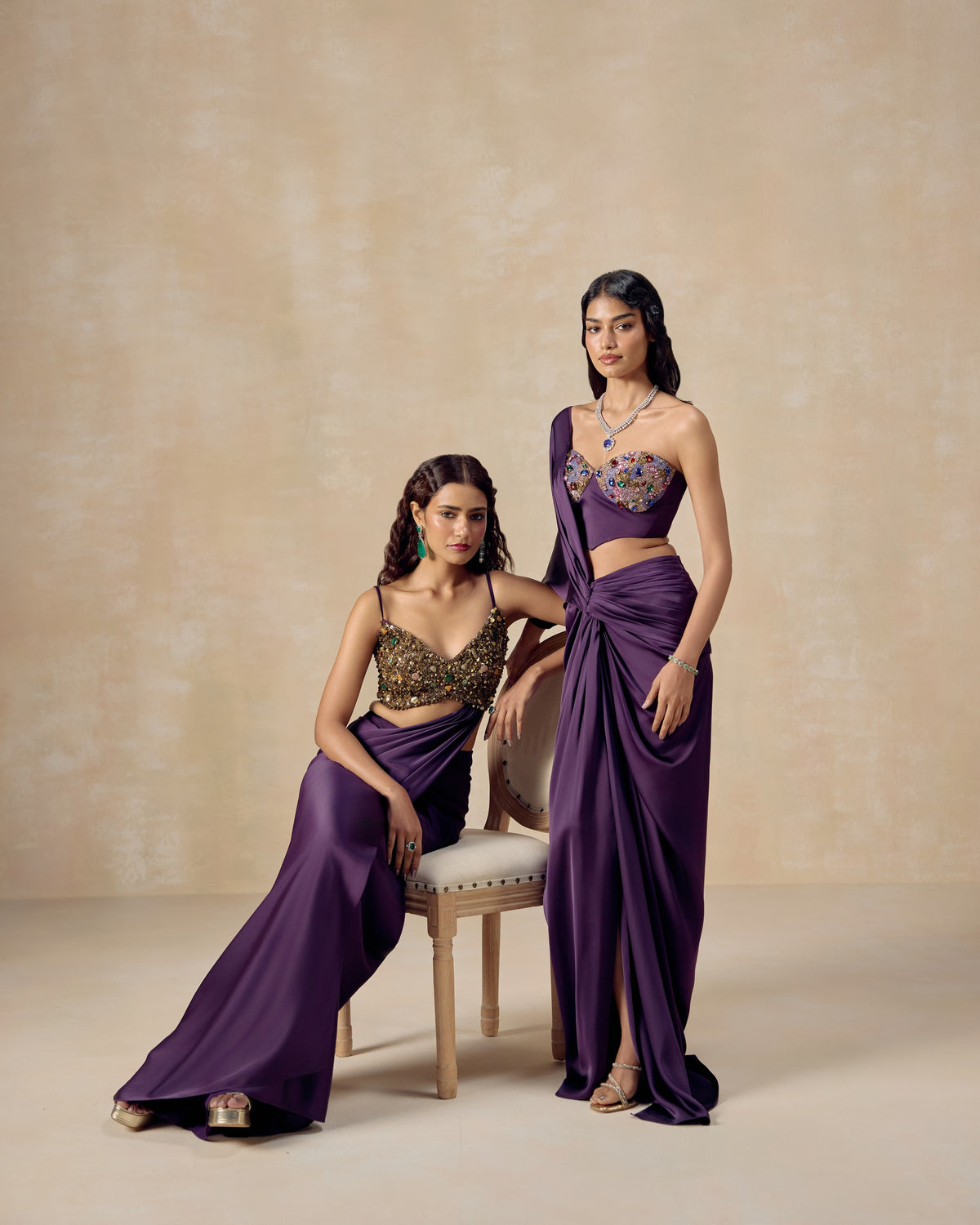 Purple Crystal Pre-Draped Saree, editorial image — RINESSA