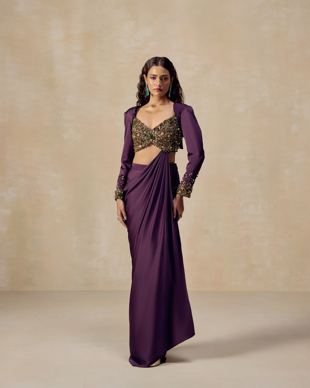 Purple silk satin pre-draped saree with jewelled blouse and tasselled jacket — RINESSA