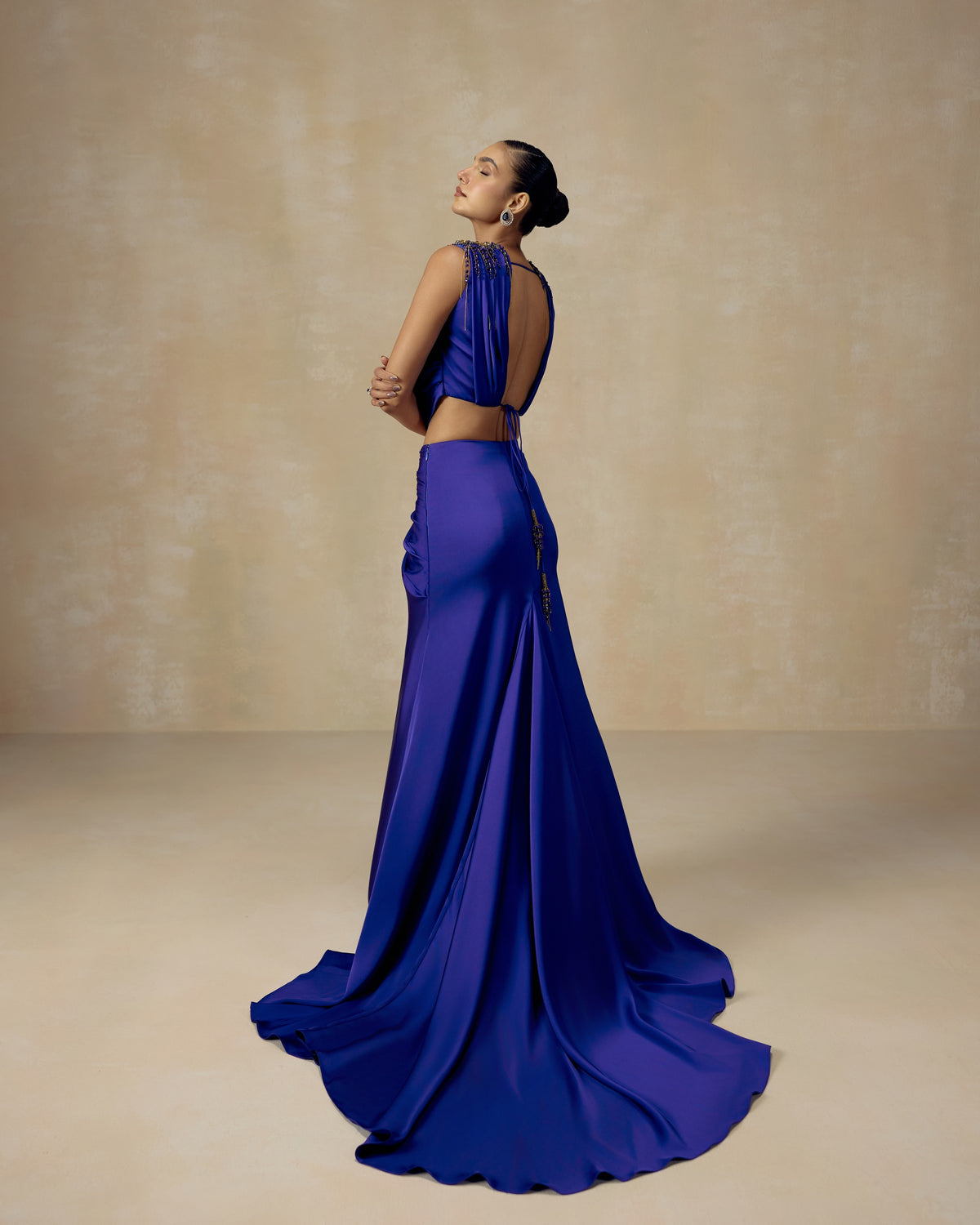 Royal Blue Lehenga with Trail, side view — RINESSA