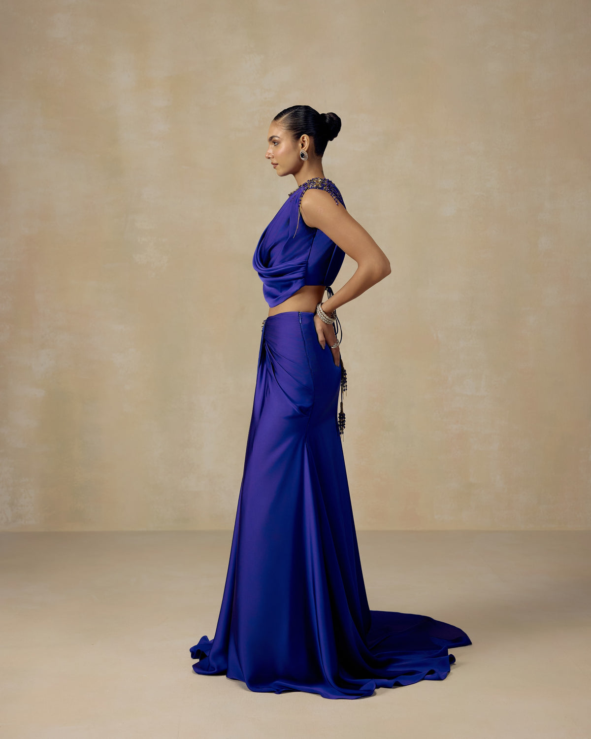 Royal Blue Lehenga with Trail, hand embroidery detail — RINESSA