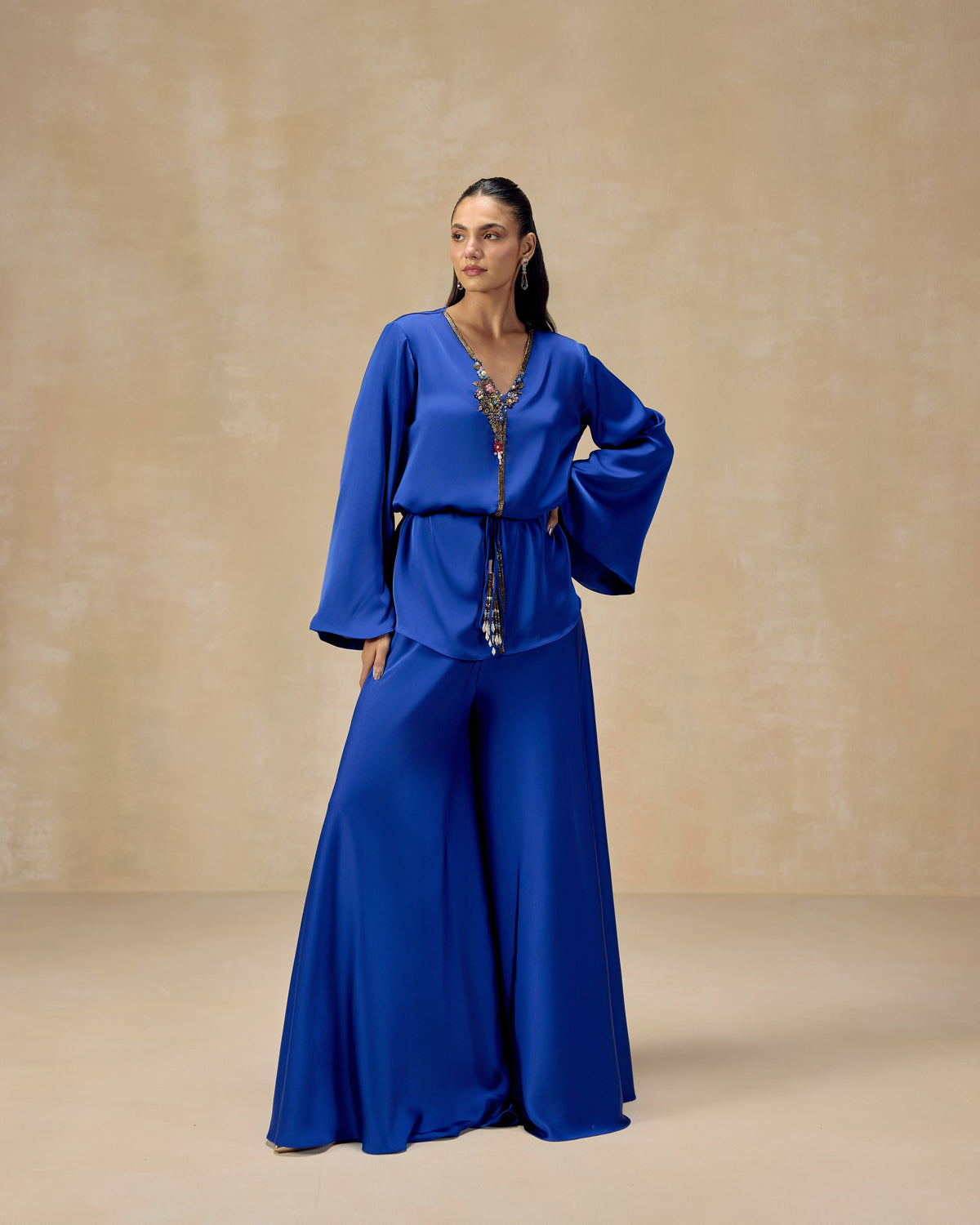 Royal blue silk satin peplum top with crystal embroidery and tassels, with sharara trousers — RINESSA