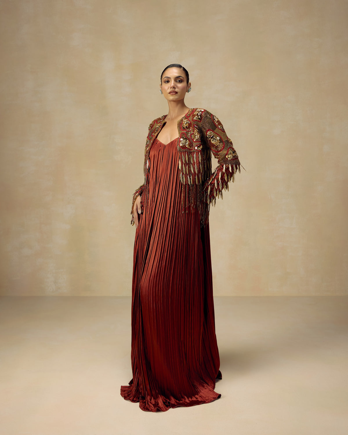 Rust brown textured satin pleated anarkali gown with jewelled jacket — RINESSA