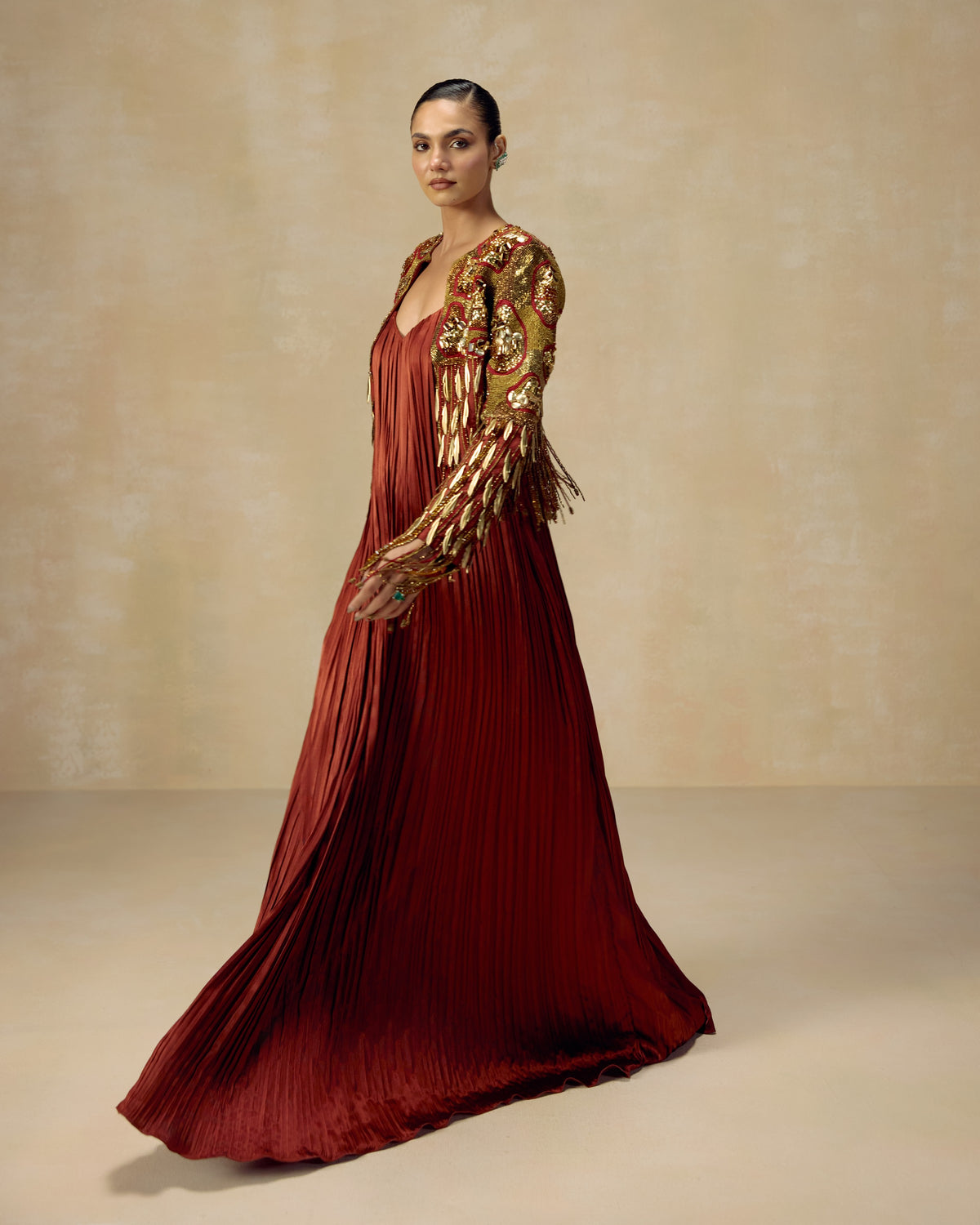 Rust Pleated Anarkali Gown, back view — RINESSA