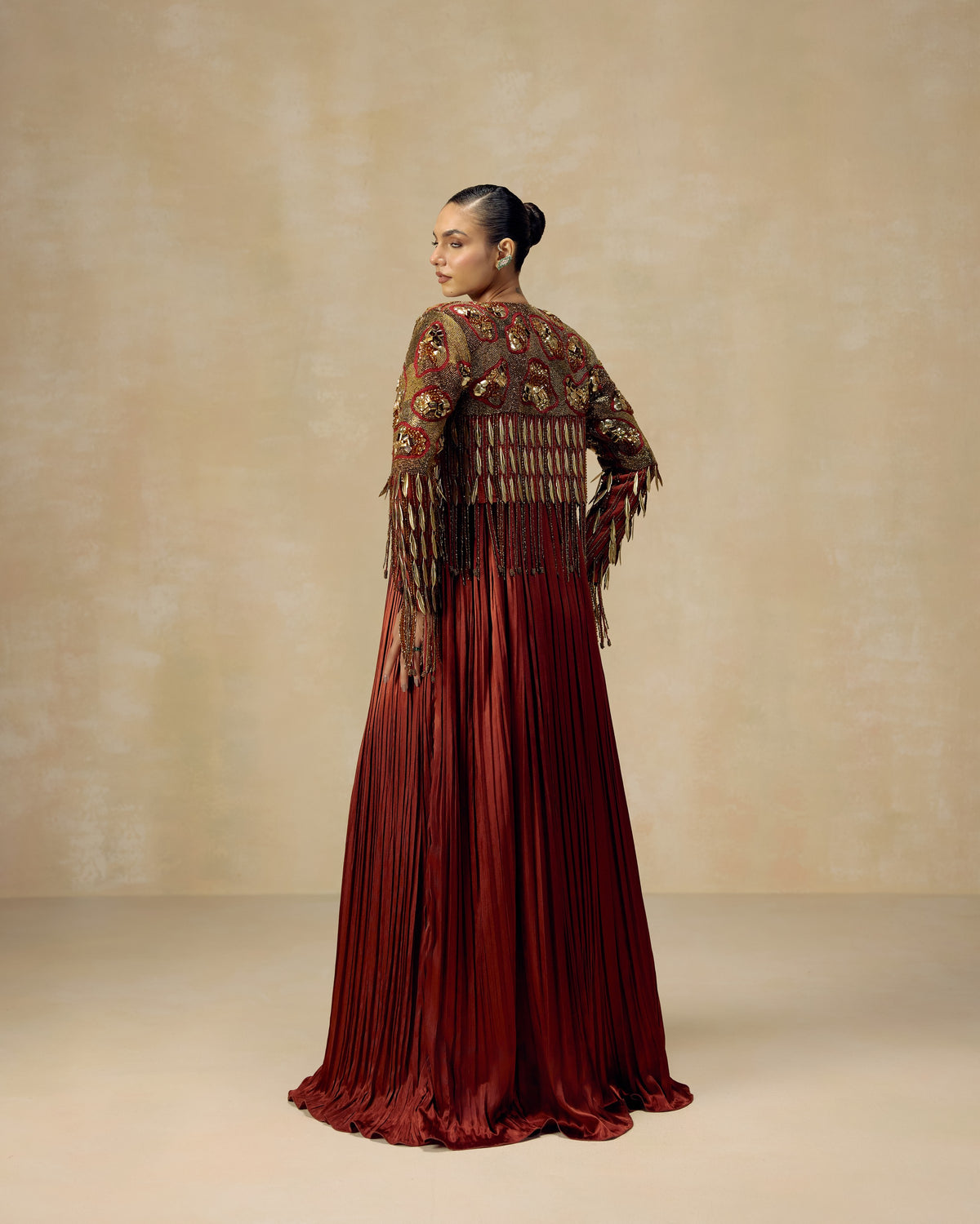 Rust Pleated Anarkali Gown, side view — RINESSA
