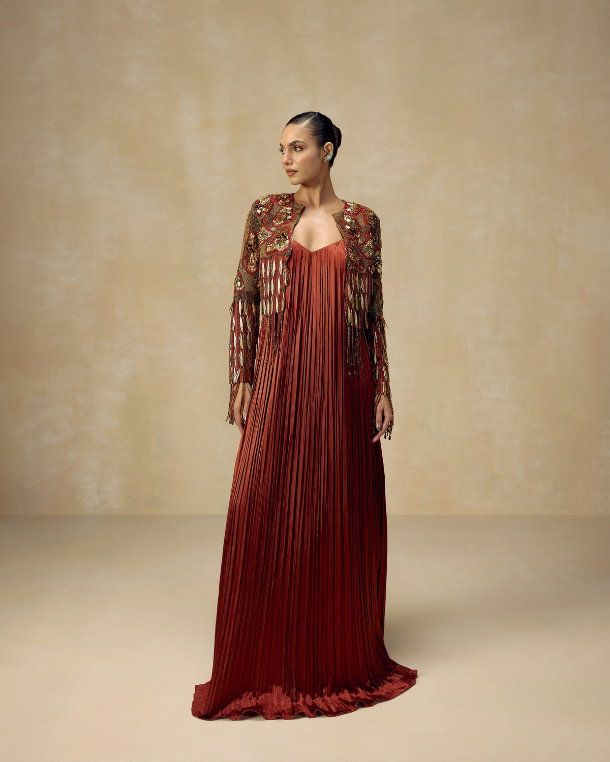 Rust Pleated Anarkali Gown, editorial image — RINESSA