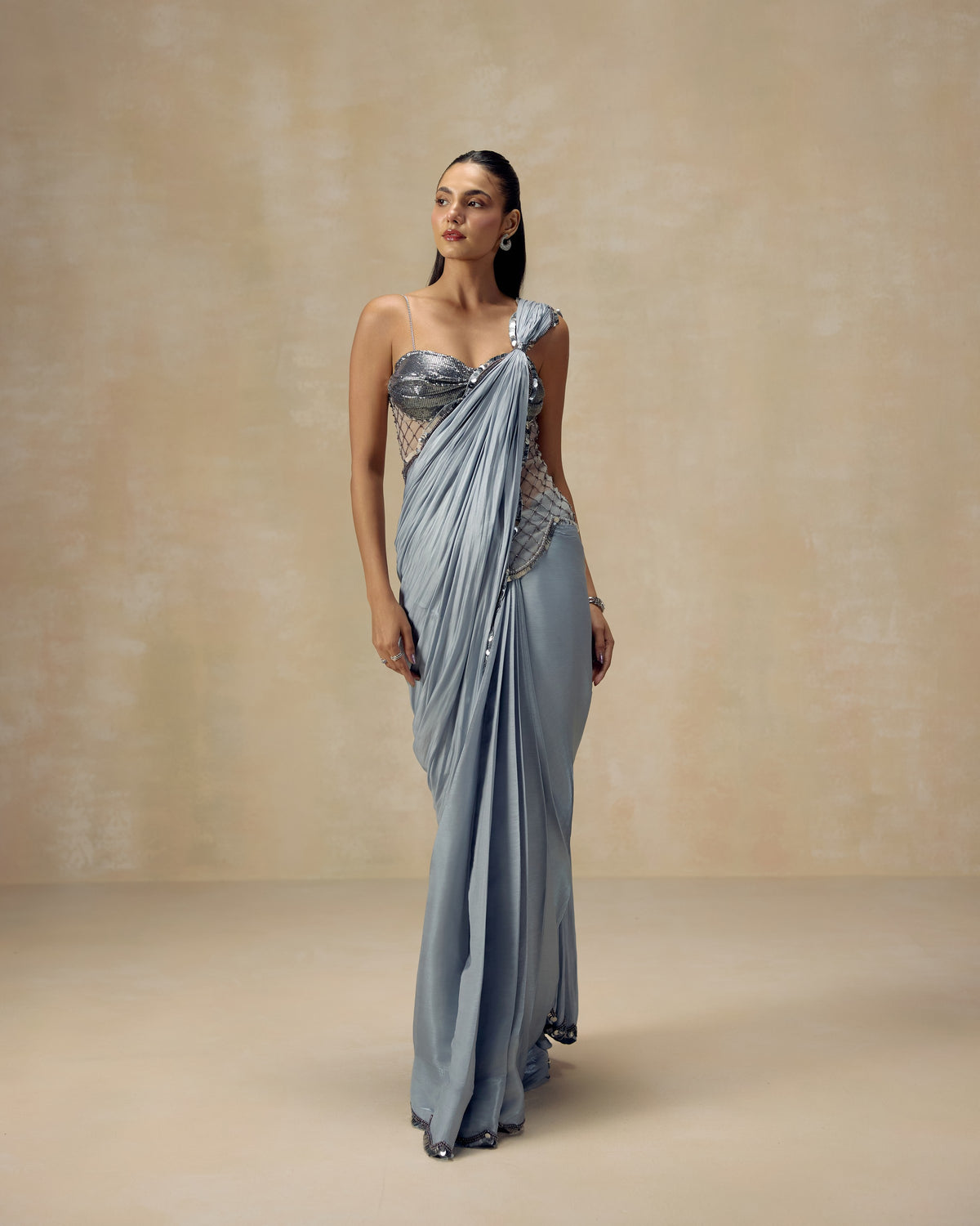 Silver shimmer tissue pre-draped saree with scalloped border and crystal grid corset — RINESSA