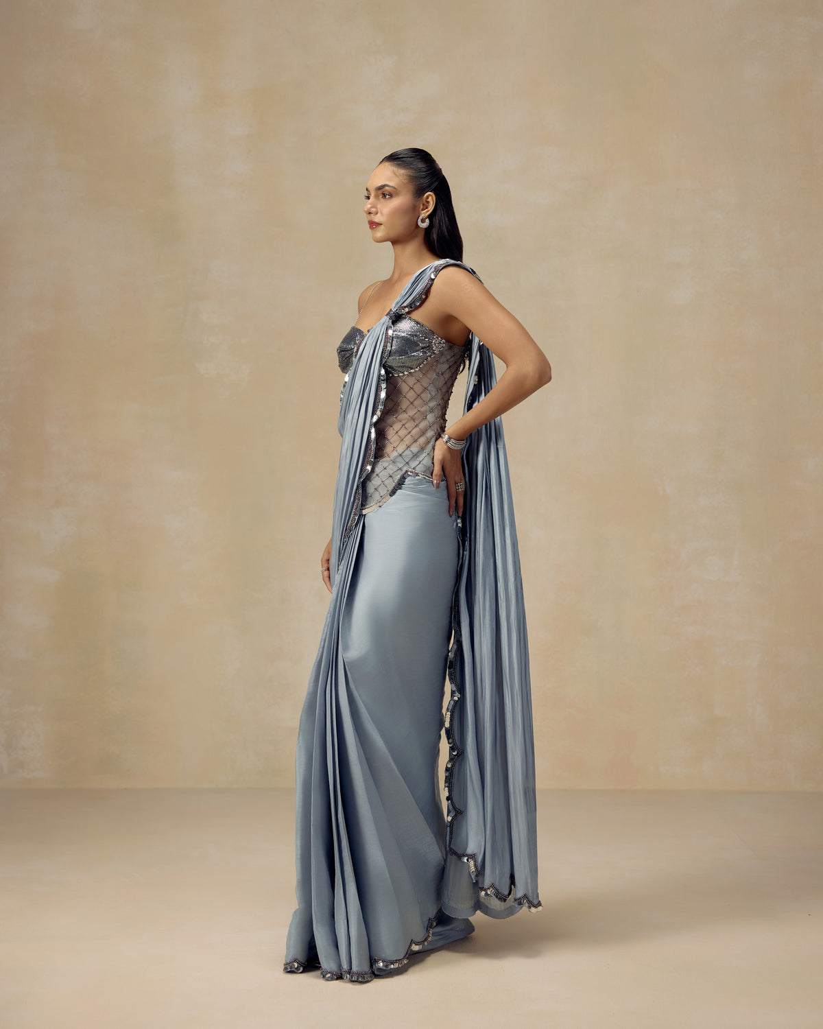 Silver Shimmer Pre-Draped Saree, side view — RINESSA