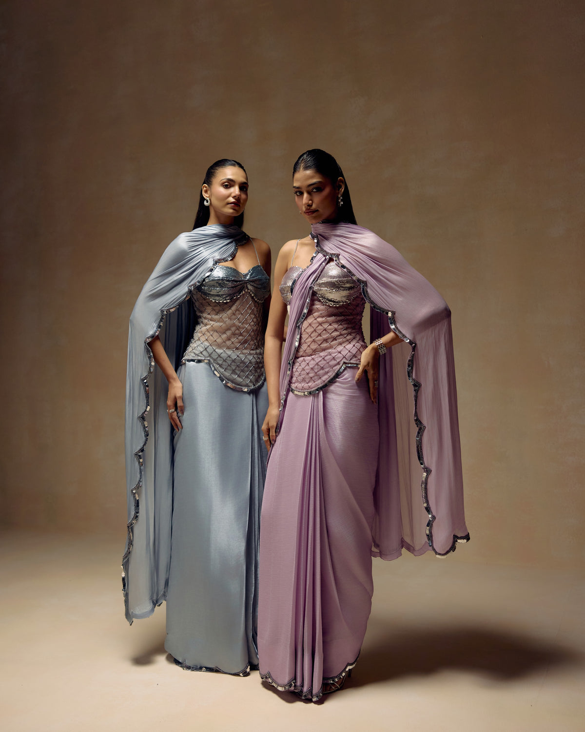 Silver Shimmer Pre-Draped Saree, editorial image — RINESSA