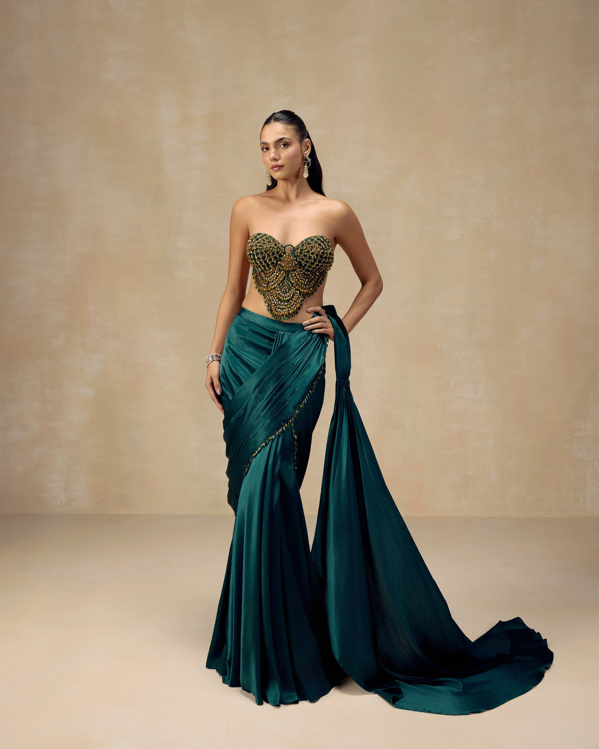Teal Corset Pre-Draped Saree, back view — RINESSA