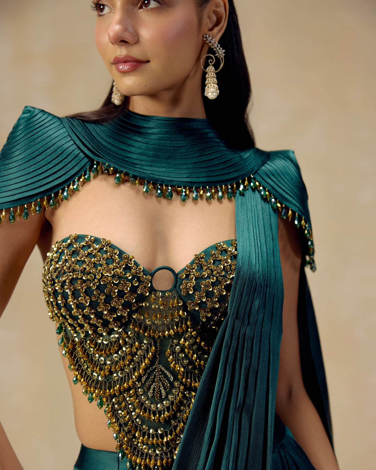 Teal Corset Pre-Draped Saree, side view — RINESSA