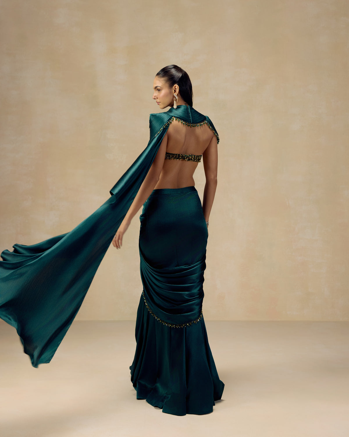 Teal Corset Pre-Draped Saree, hand embroidery detail — RINESSA