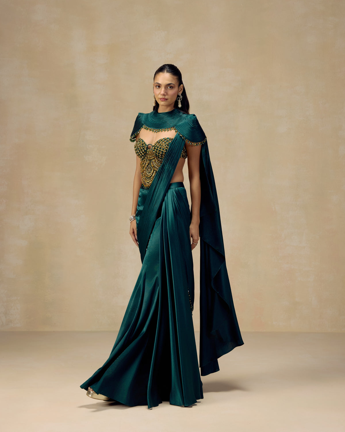 Teal Corset Pre-Draped Saree, editorial image — RINESSA