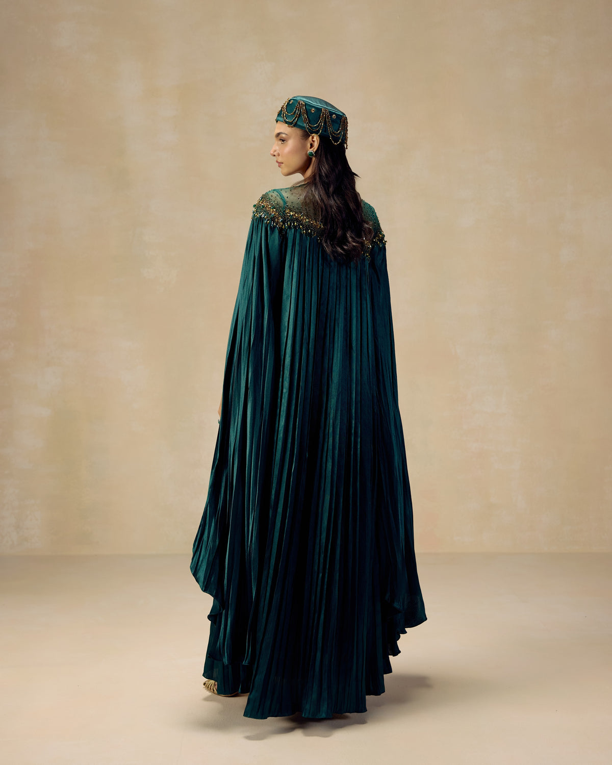 Teal Pleated Kaftan, side view — RINESSA