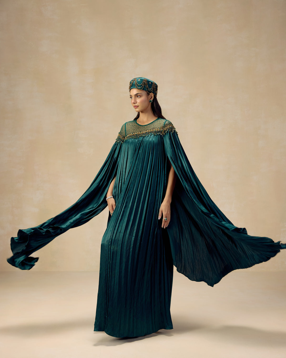 Teal Pleated Kaftan, hand embroidery detail — RINESSA