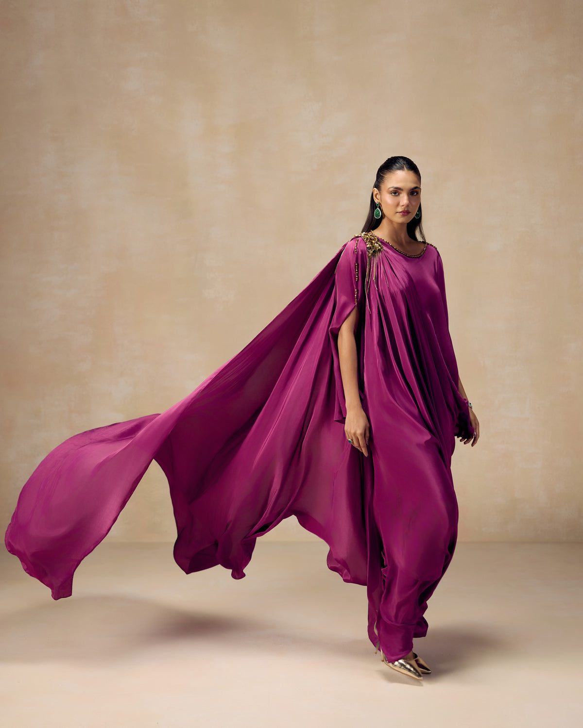 Violet crepe tunic with jewelled shoulder drape and wide trousers — RINESSA