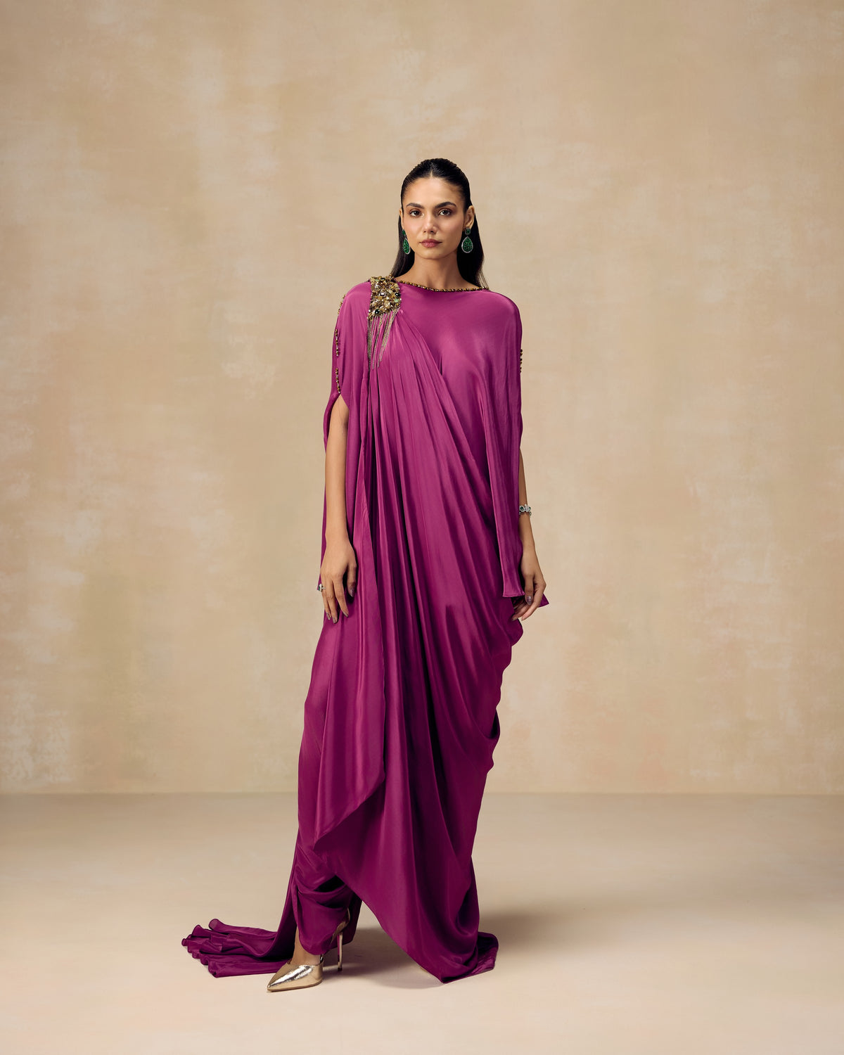 Violet Shoulder-Drape Tunic, back view — RINESSA