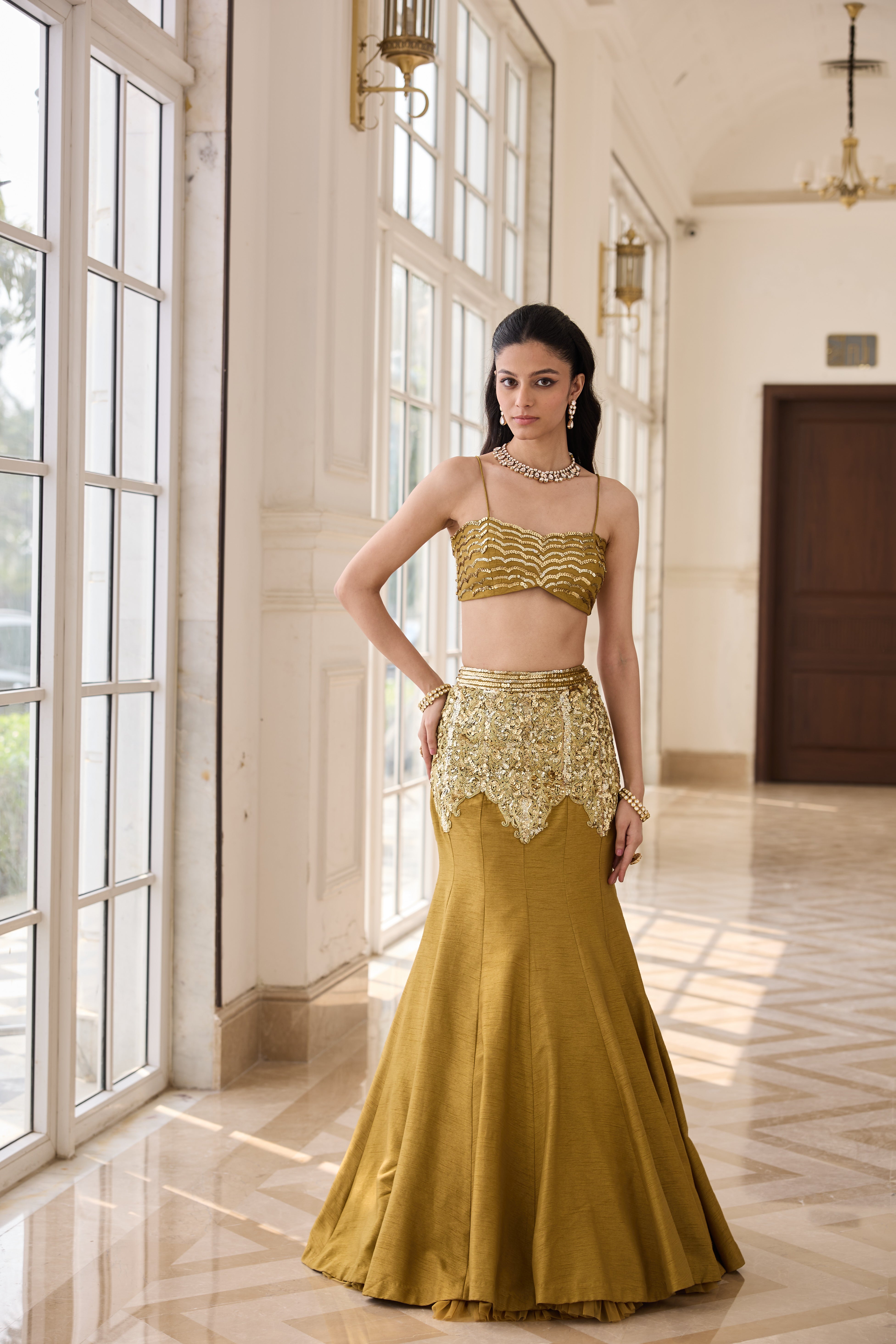 Hand Embroidered and Dori-work Cape with Bustier and Fishcut Lehenga