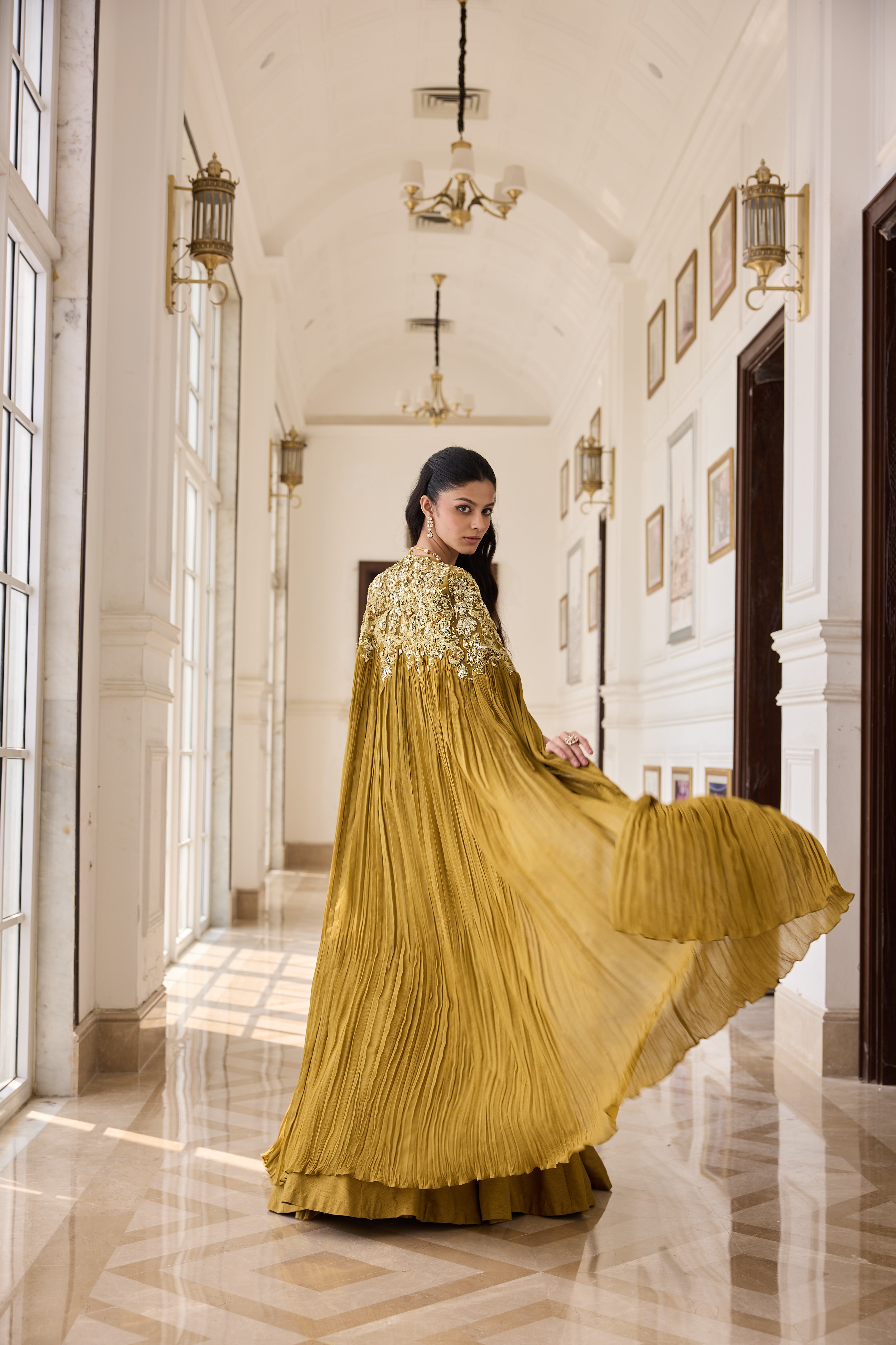 Hand Embroidered and Dori-work Cape with Bustier and Fishcut Lehenga