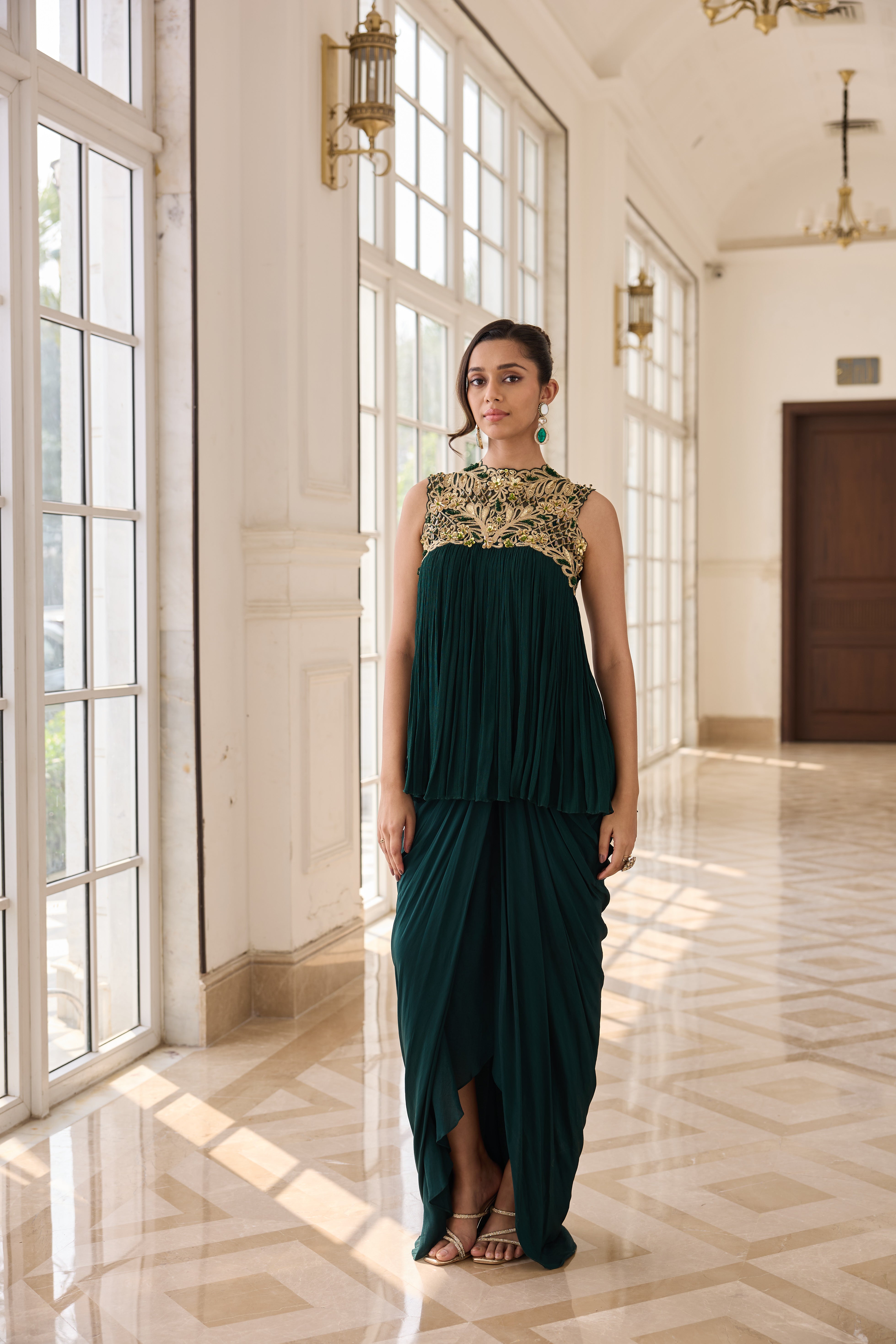 Hand Embelished Rushing Top with Dhoti skirt