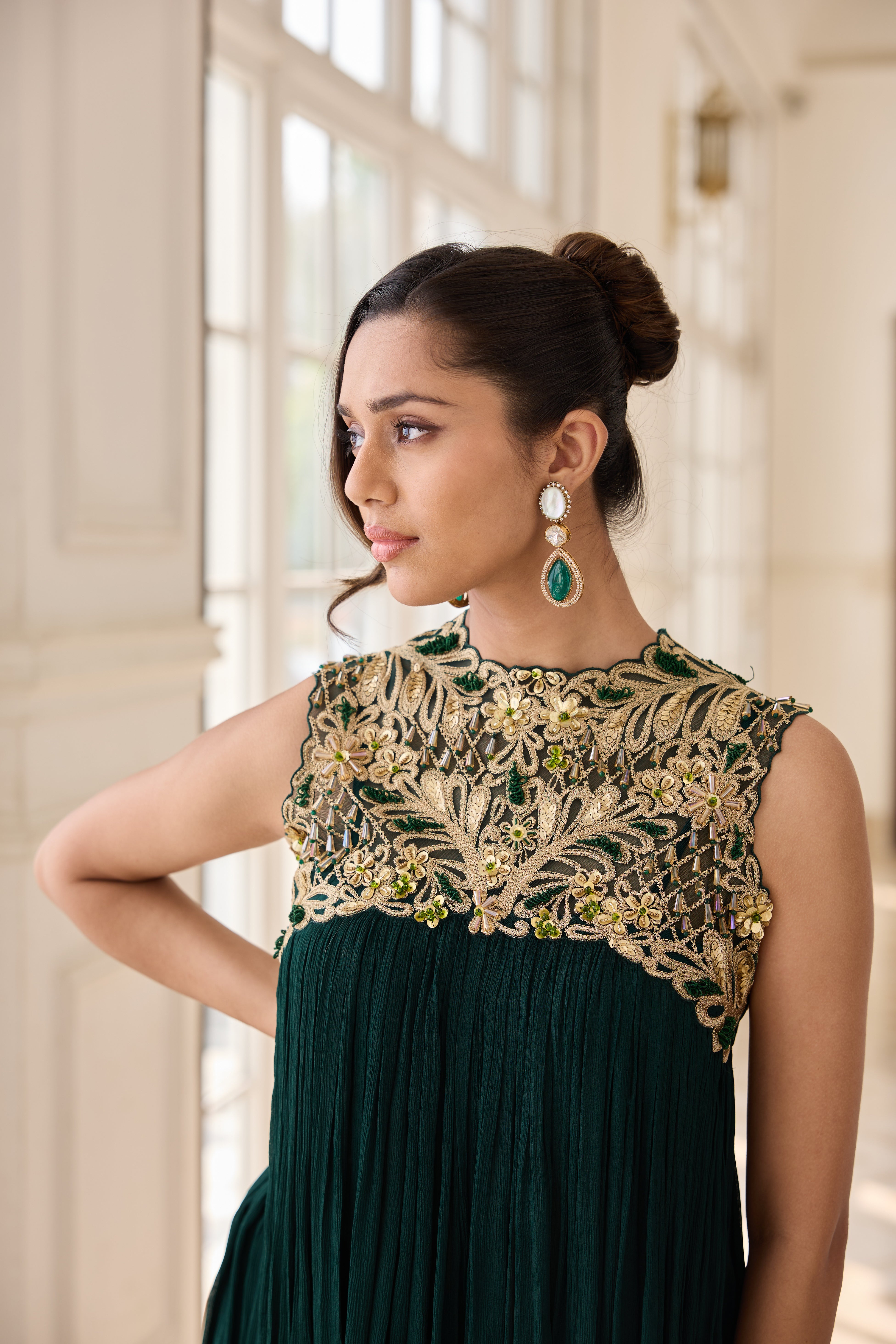 Hand Embelished Rushing Top with Dhoti skirt