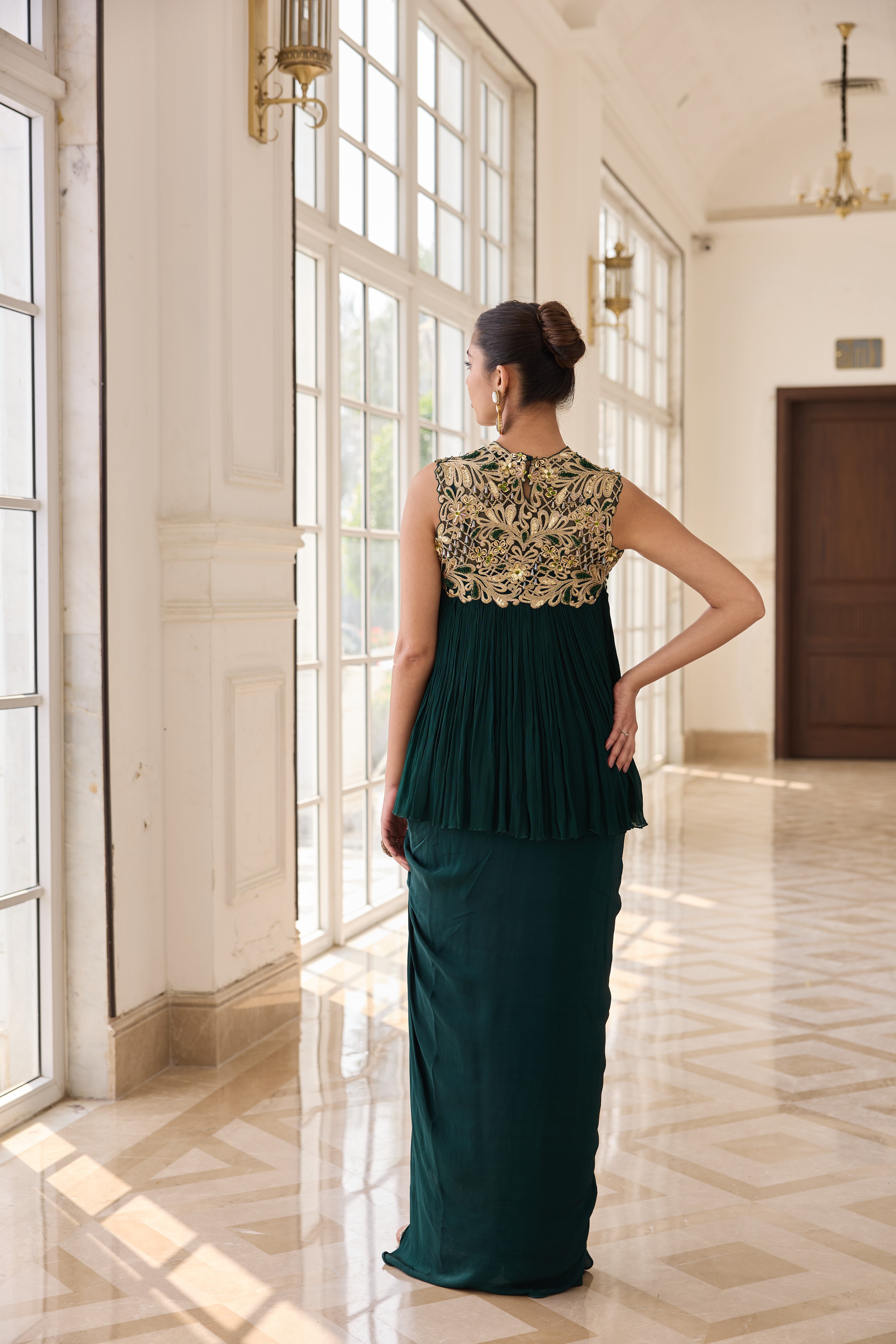 Hand Embelished Rushing Top with Dhoti skirt