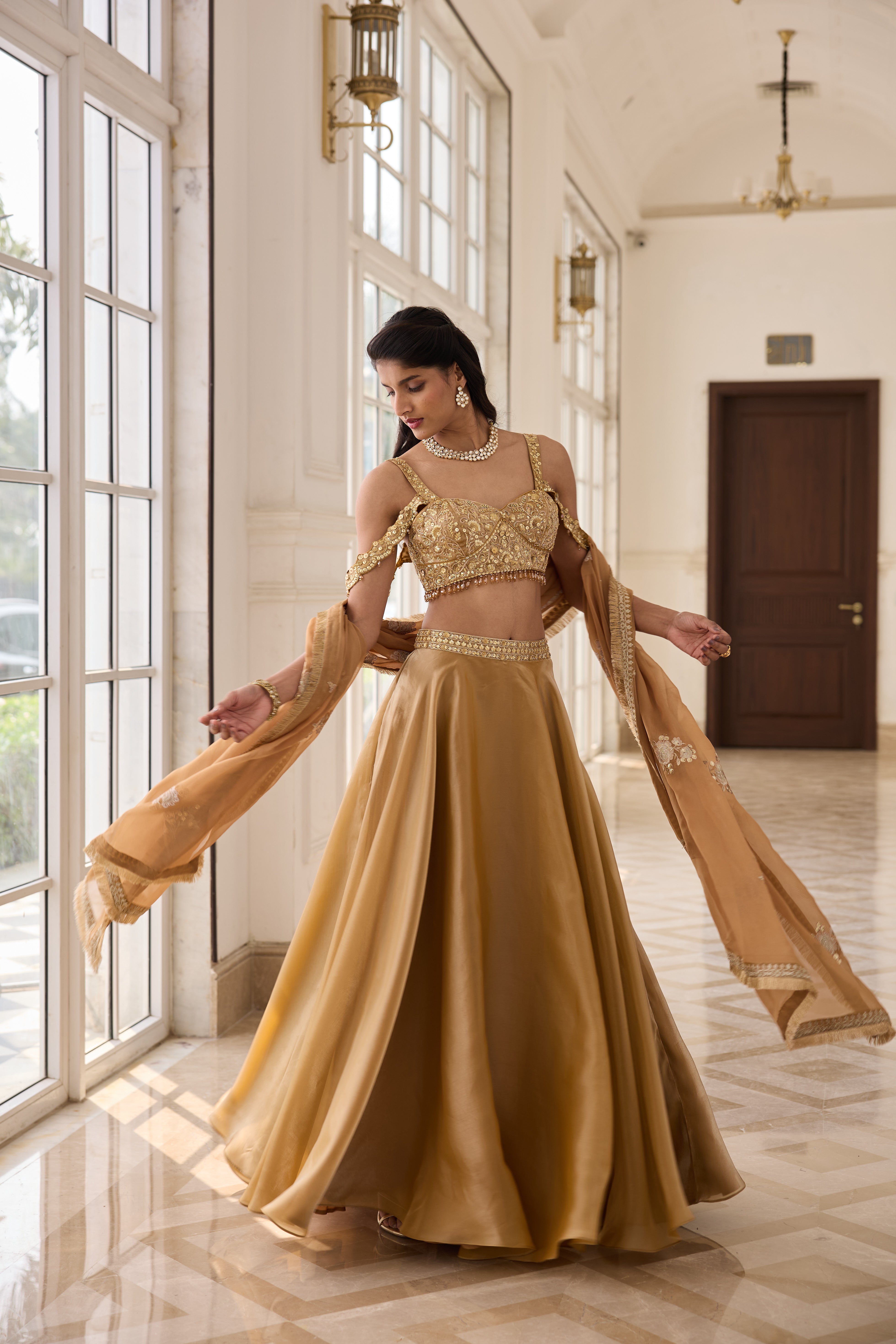 Hand Embroidered Lehenga with Dupatta  - Gold