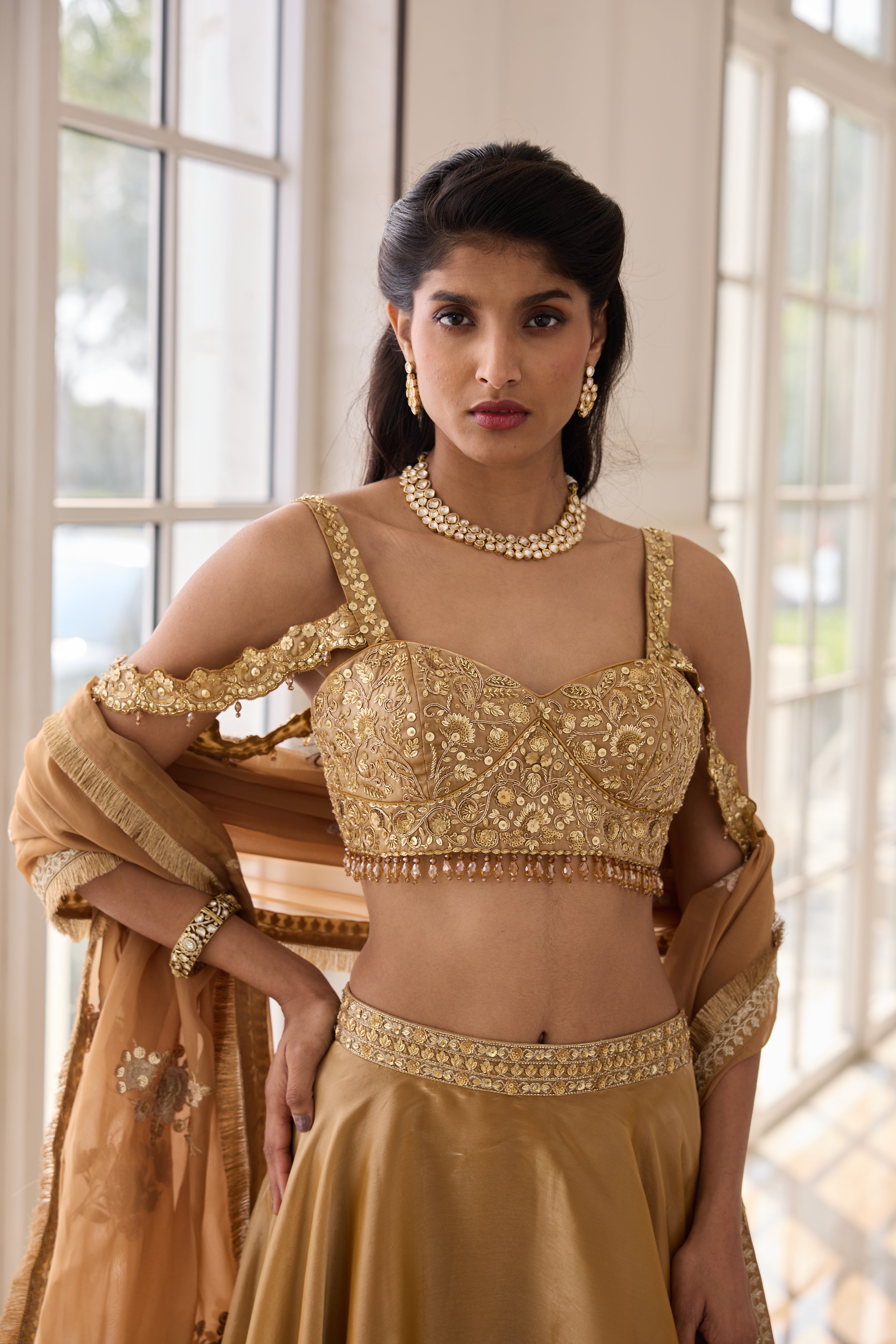 Hand Embroidered Lehenga with Dupatta  - Gold