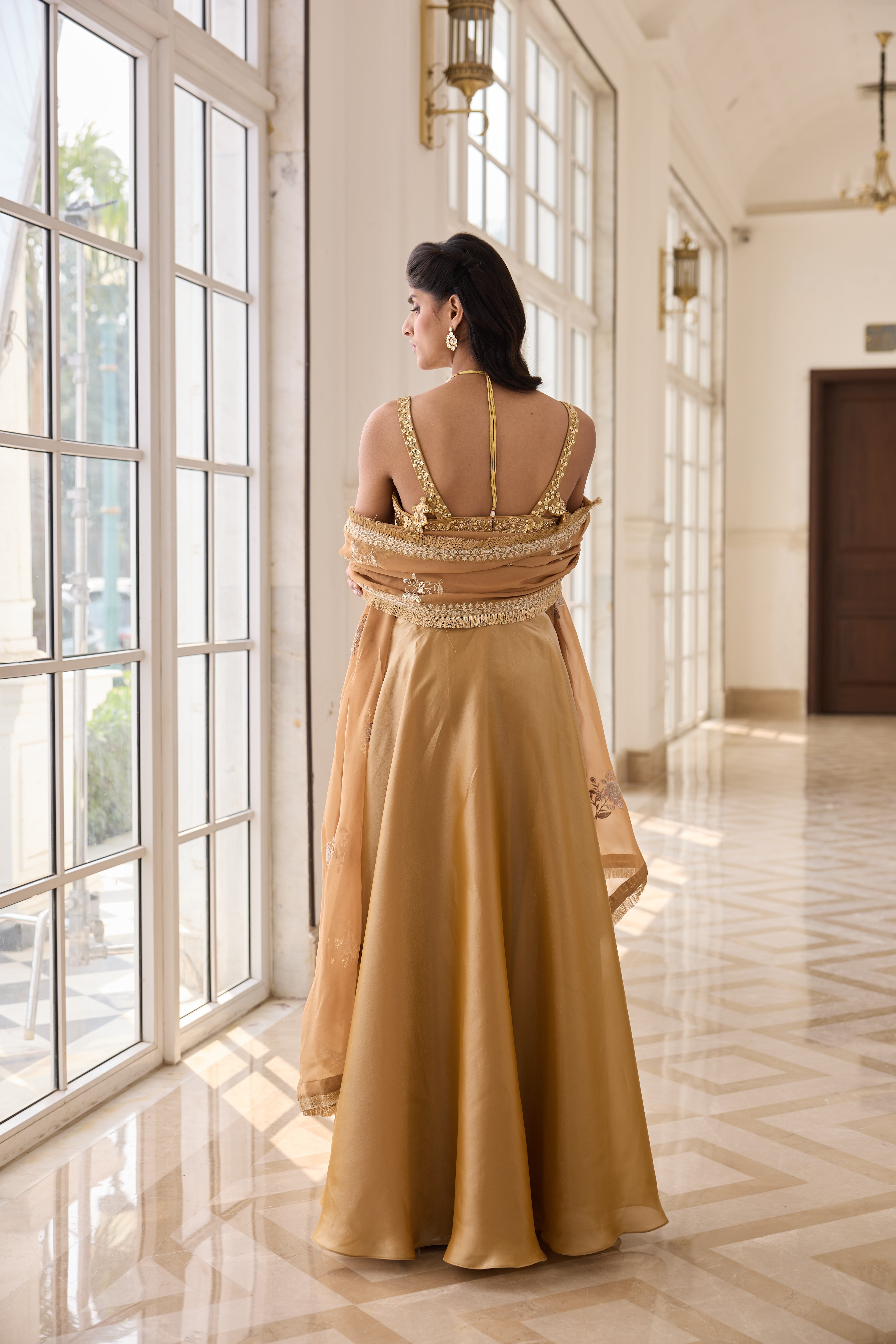 Hand Embroidered Lehenga with Dupatta  - Gold