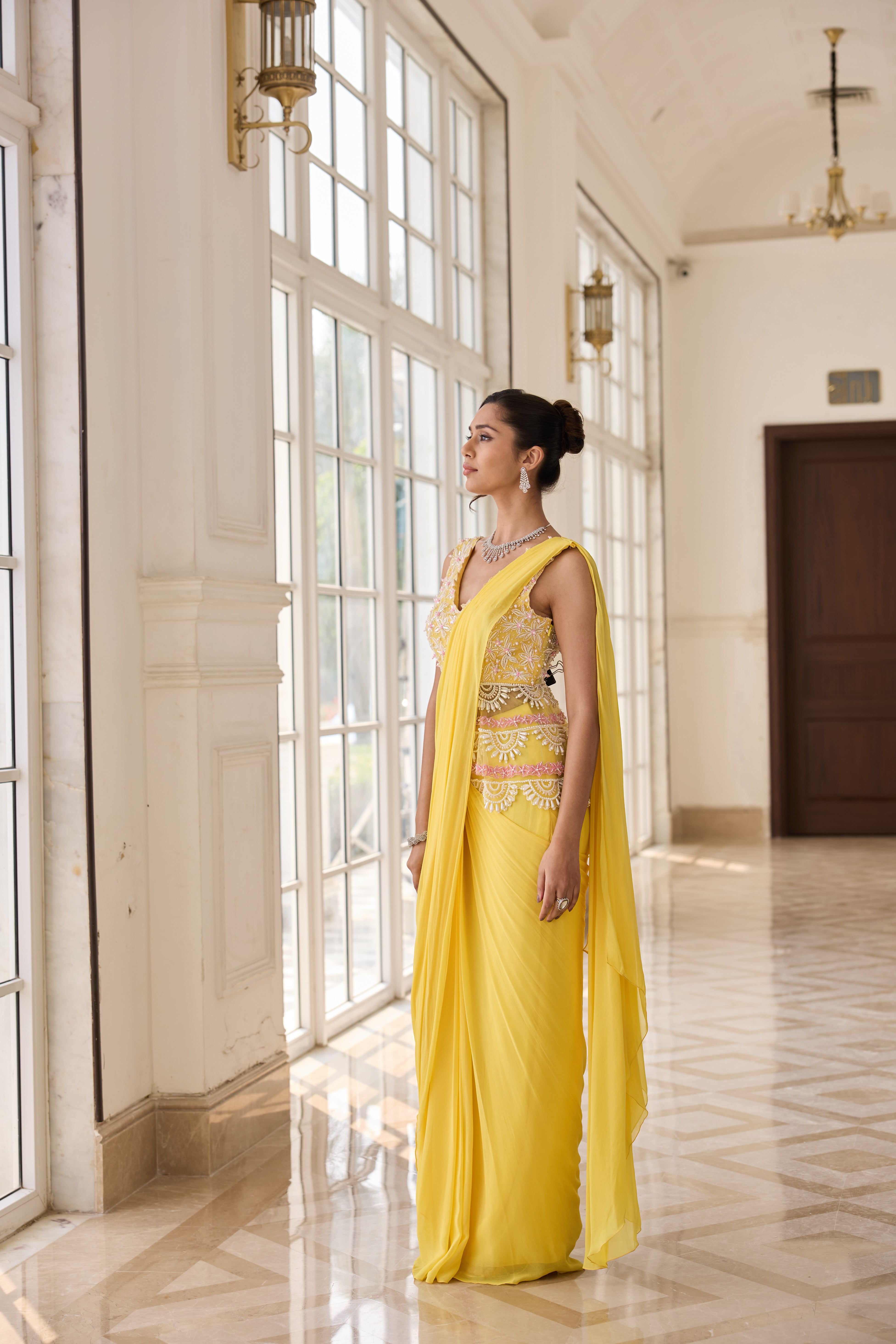 Hand Embroirderd Pearl Peplum with Drape Saree