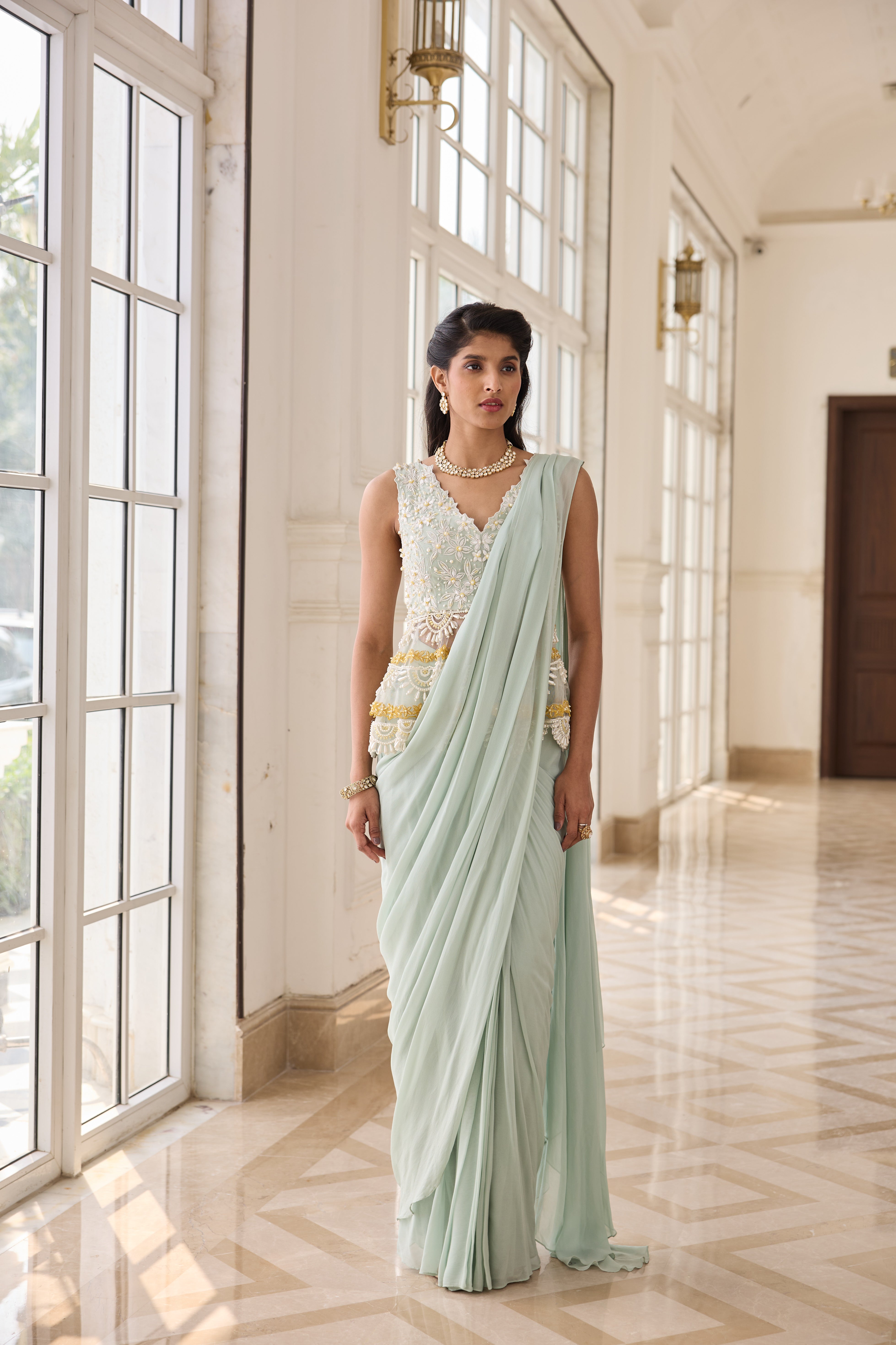 Hand Embroirderd Pearl Peplum with Drape Saree