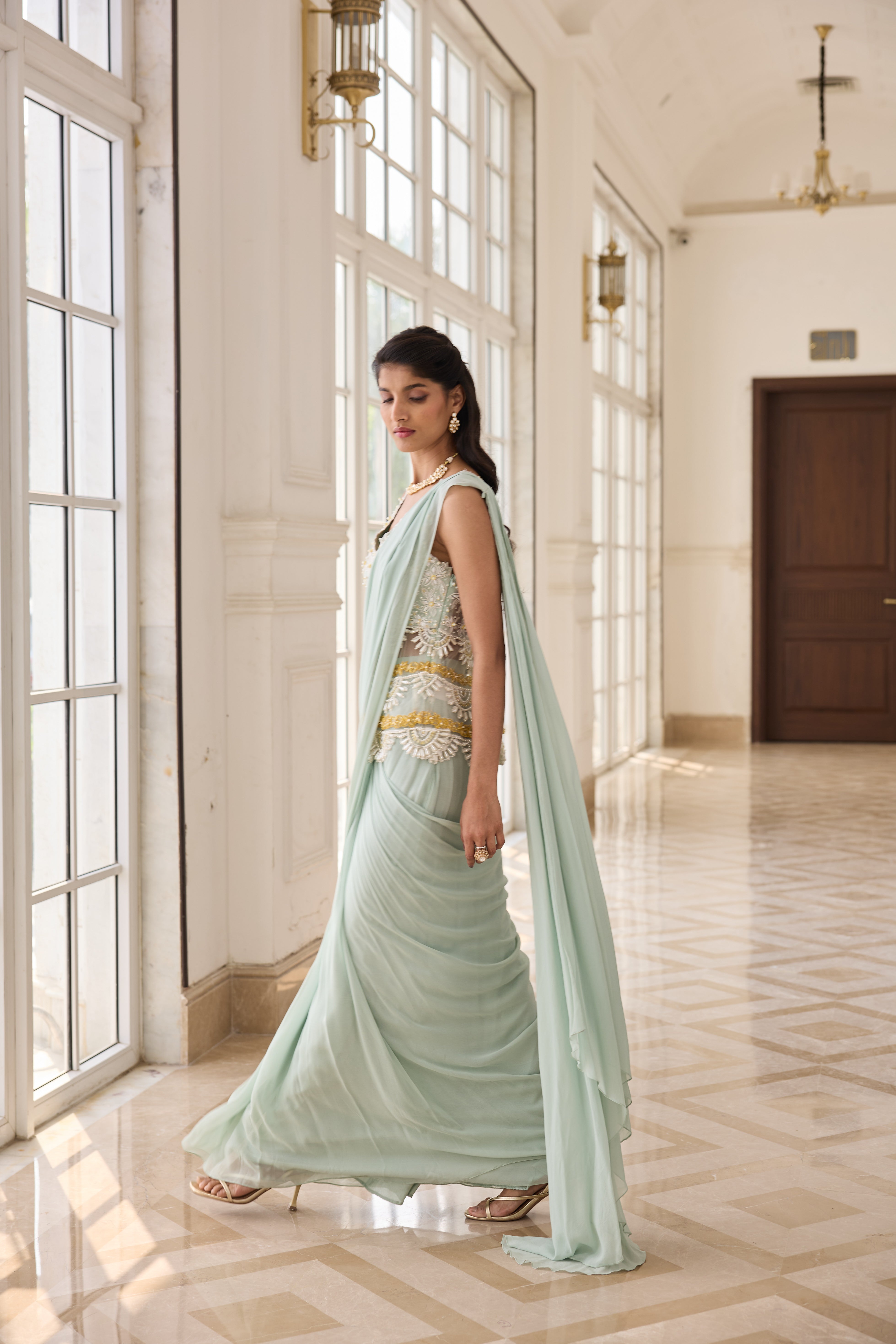 Hand Embroirderd Pearl Peplum with Drape Saree