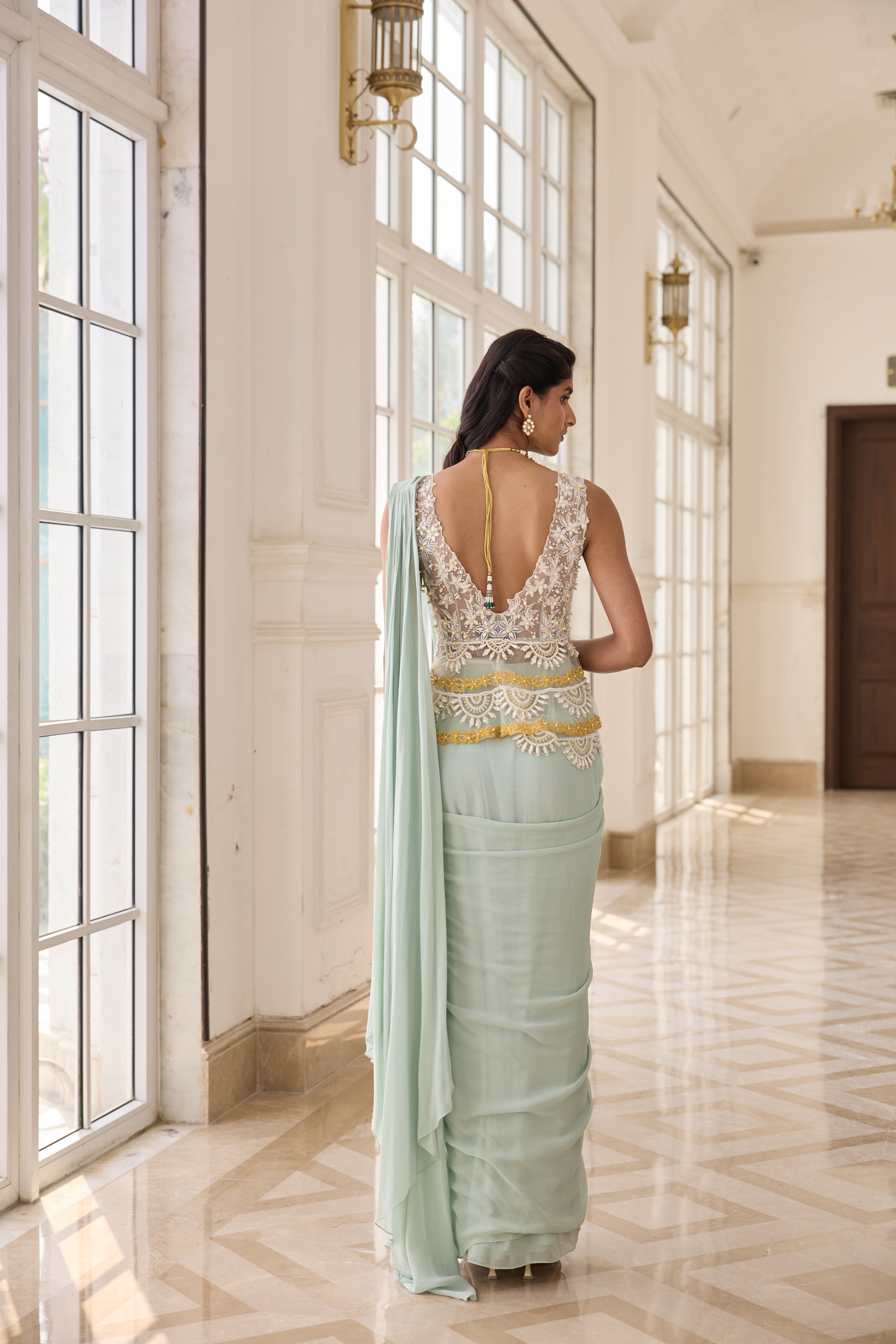 Hand Embroirderd Pearl Peplum with Drape Saree