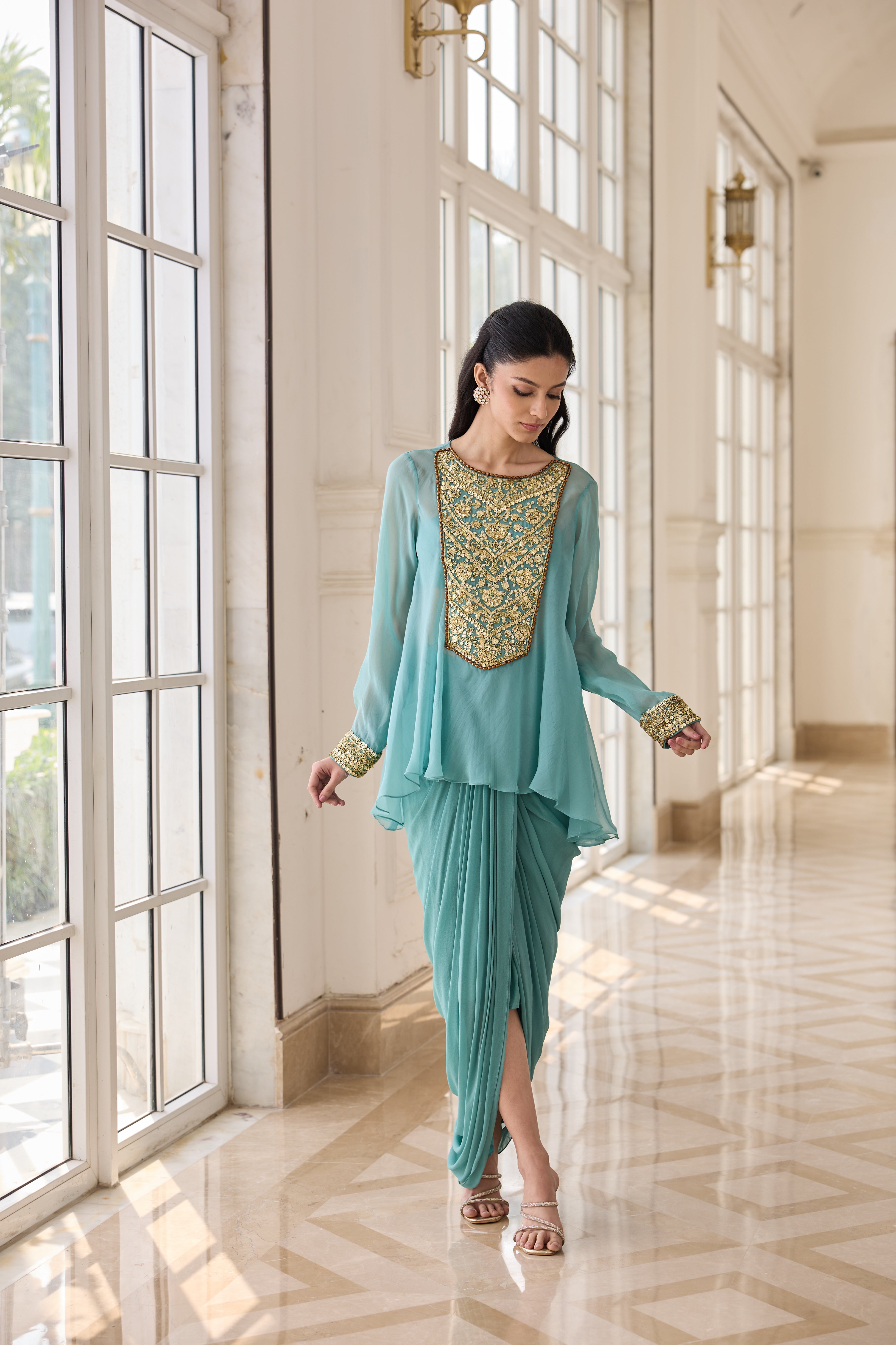 Hand Embelished and Dori-work Short Kurta with Dhoti Skirt