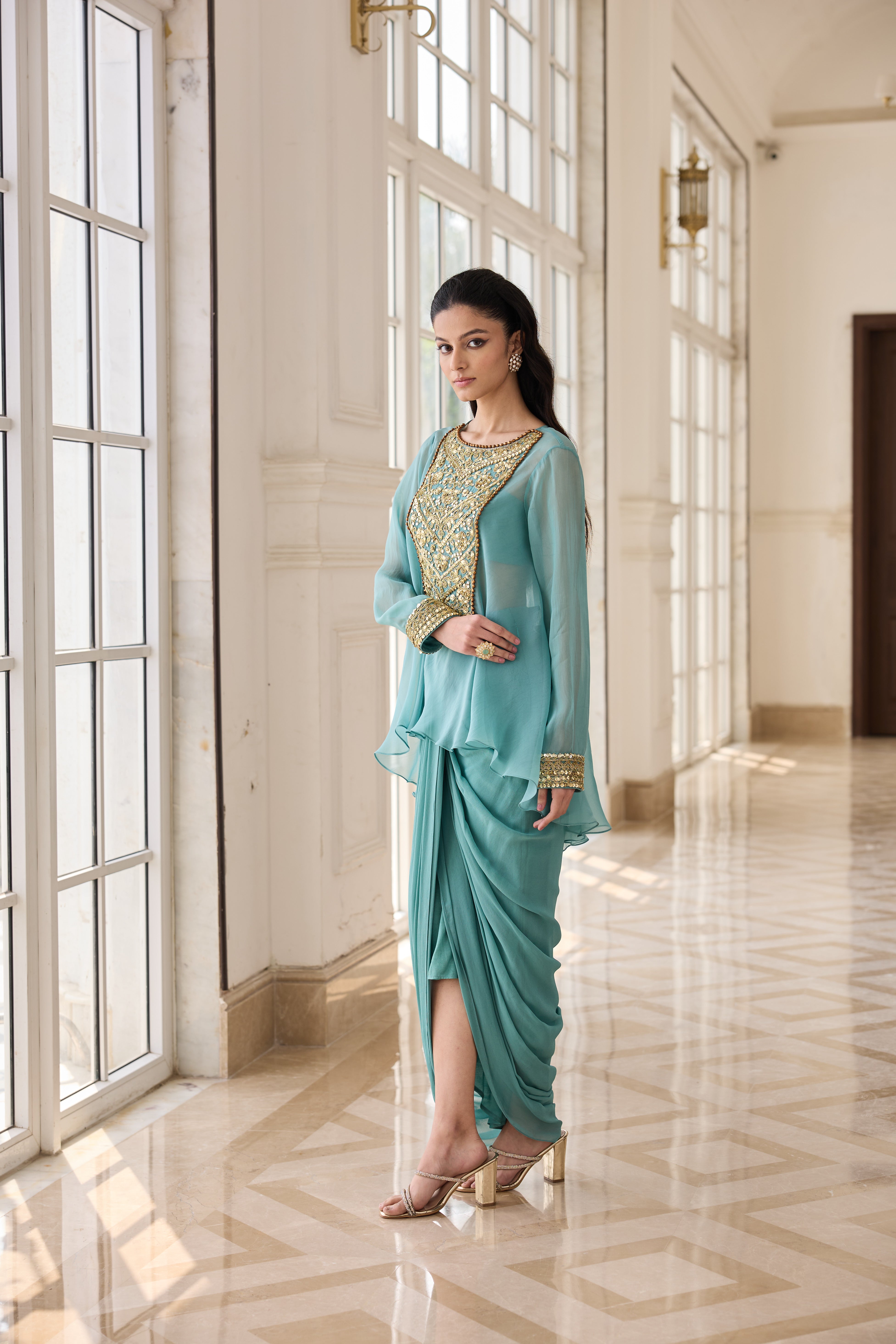 Hand Embelished and Dori-work Short Kurta with Dhoti Skirt