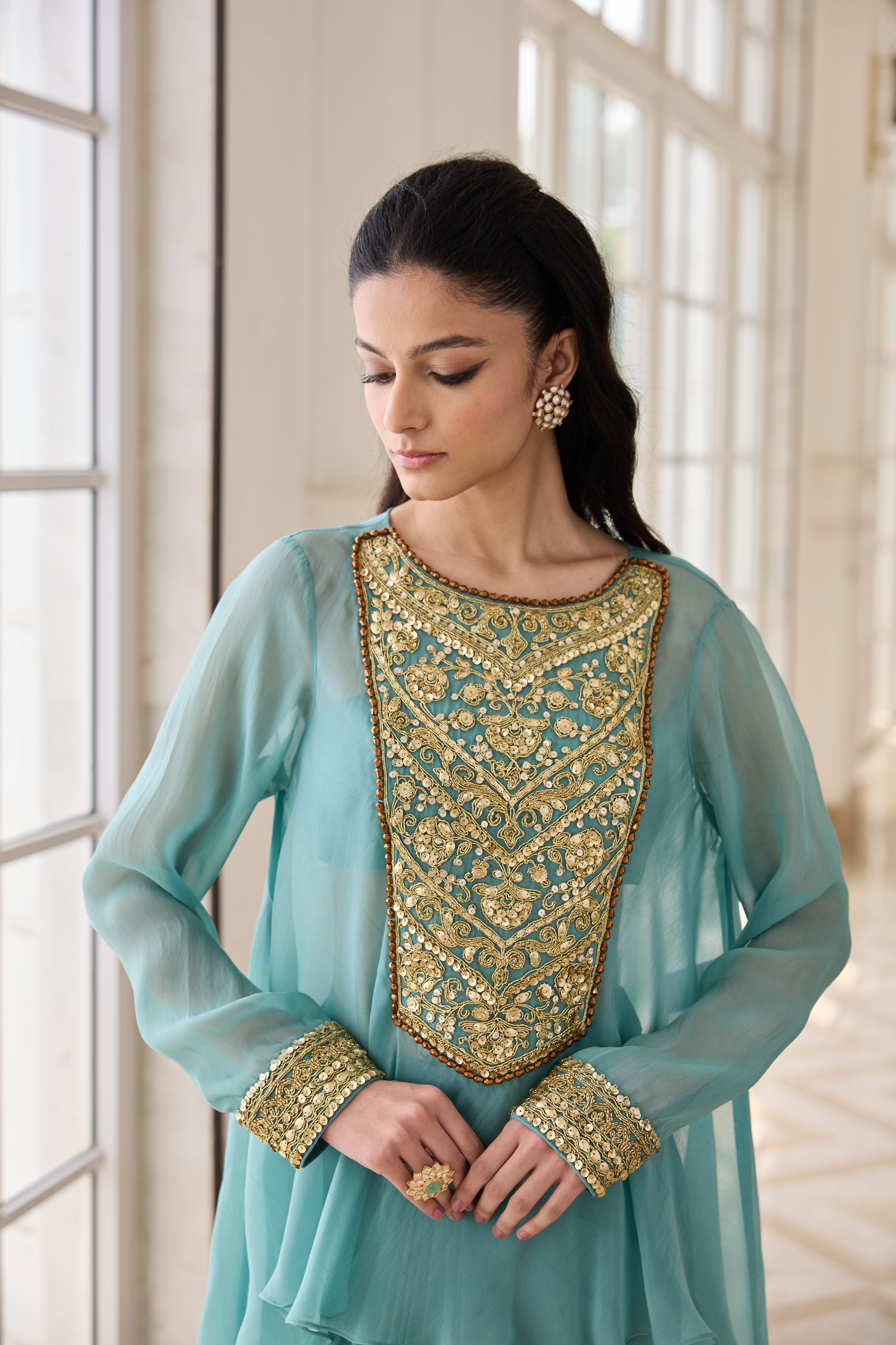 Hand Embelished and Dori-work Short Kurta with Dhoti Skirt