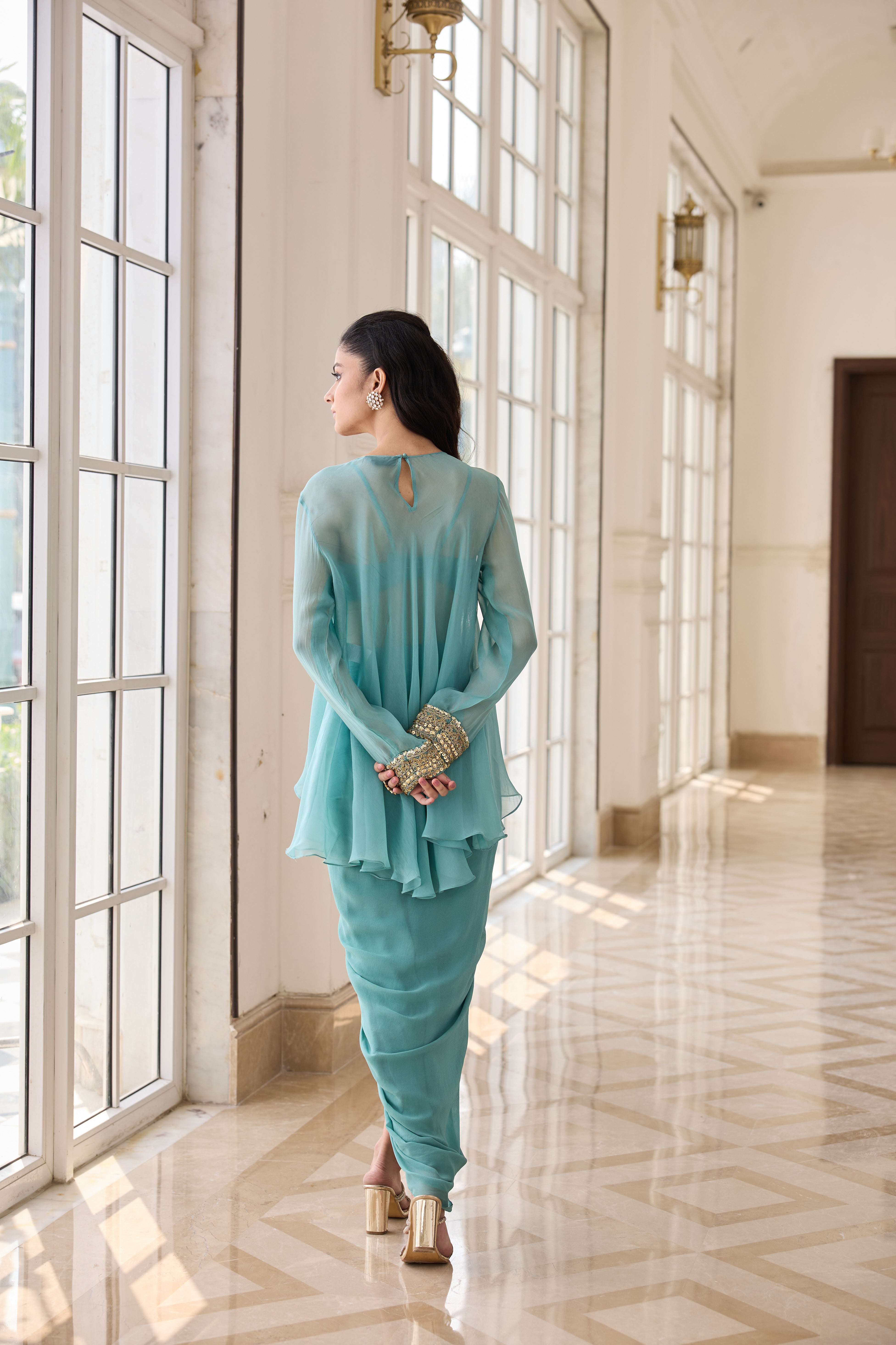 Hand Embelished and Dori-work Short Kurta with Dhoti Skirt