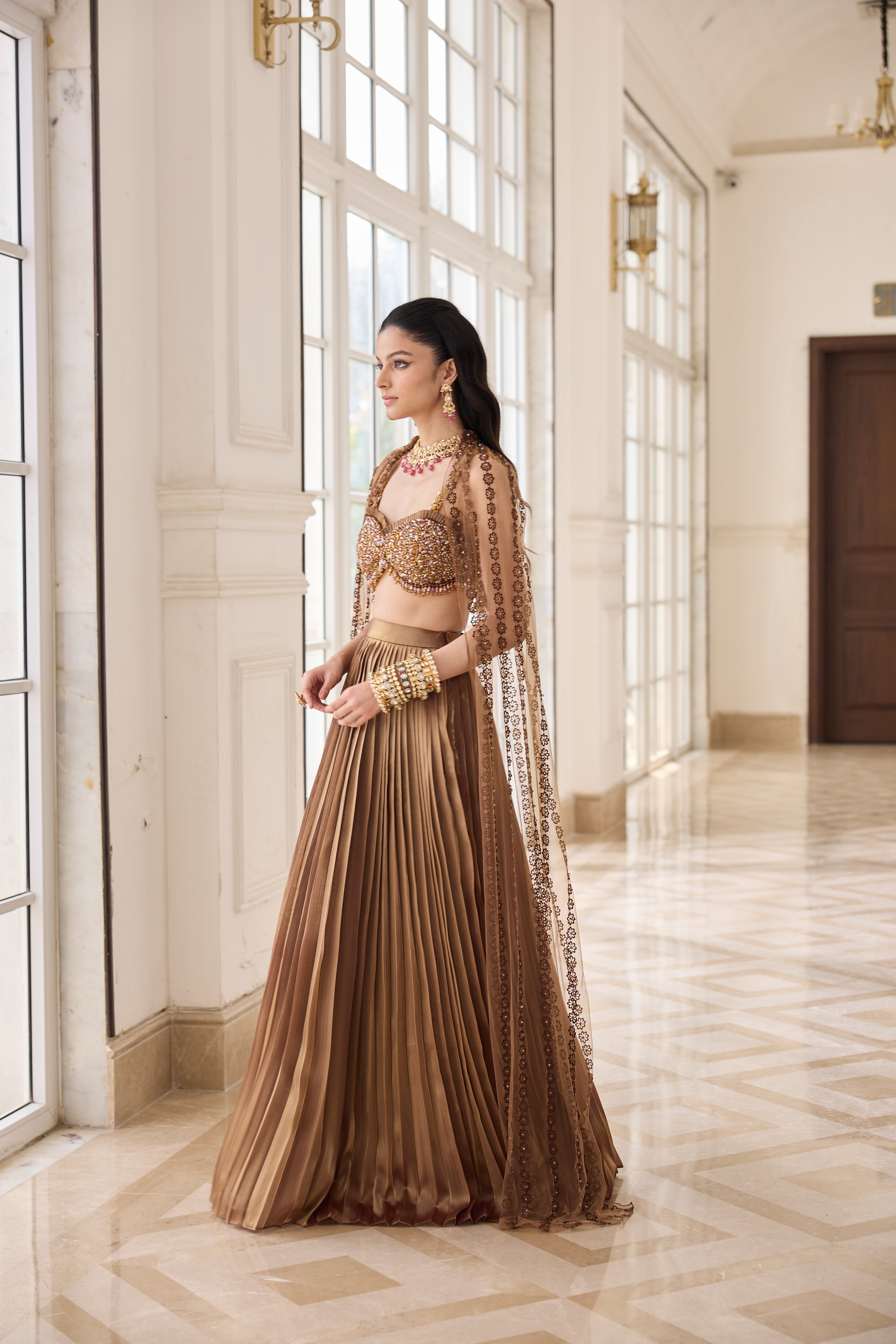 Gold Hand Embroidered Bustier with Butterfly wing and Pleated Skirt