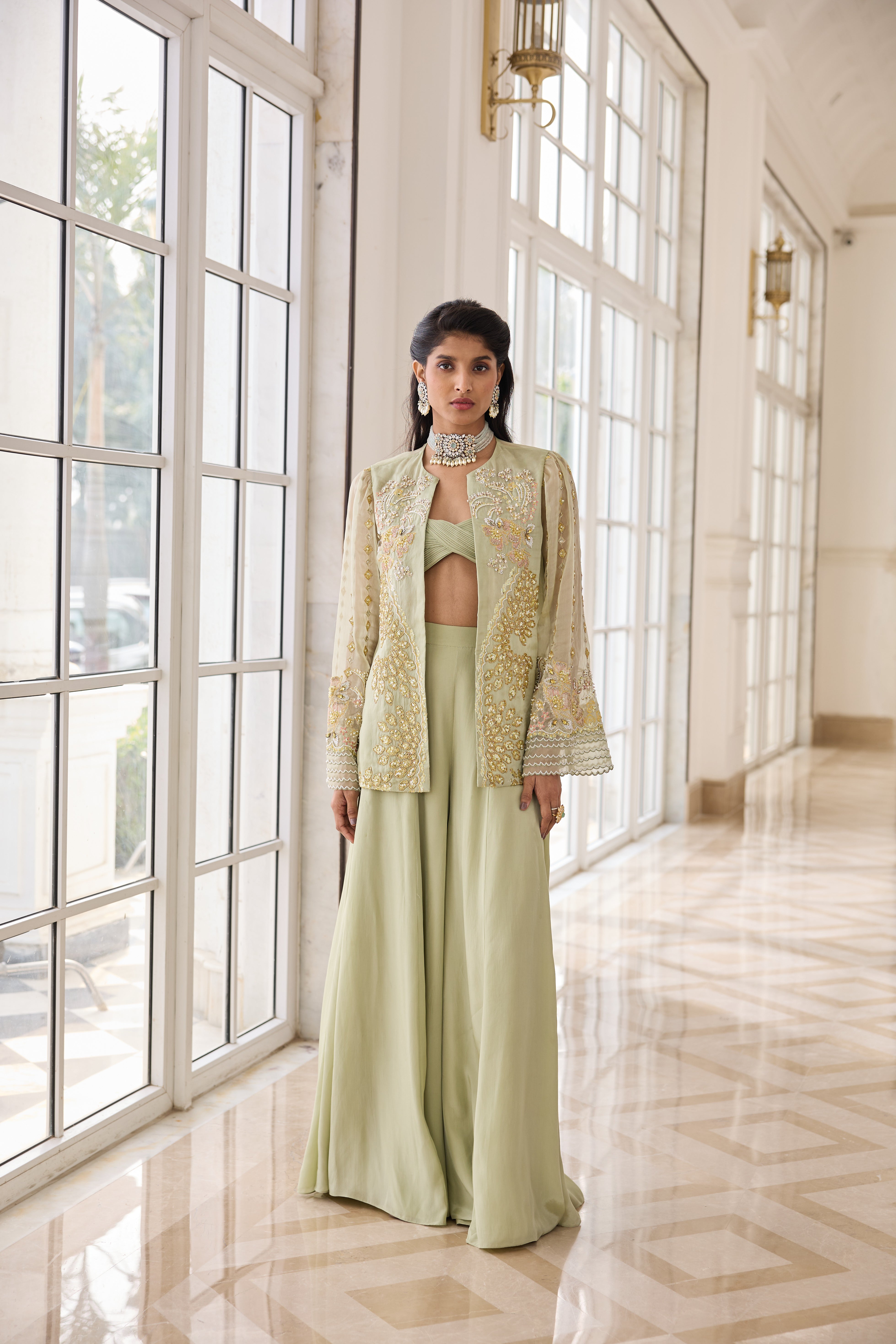 Hand Embellished Jacket with Shahrara and Twisted Bralet - Misty Green