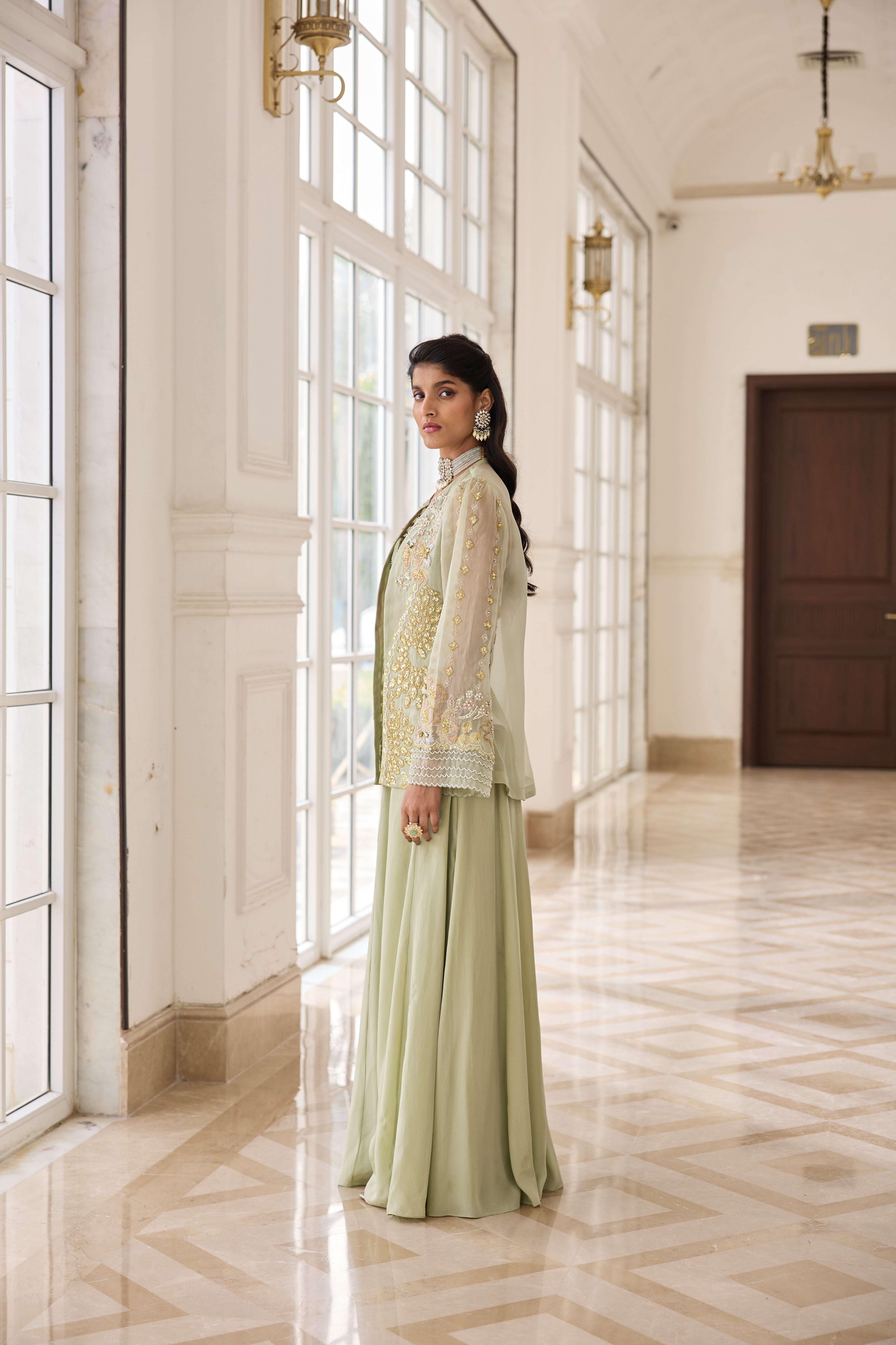 Hand Embellished Jacket with Shahrara and Twisted Bralet - Misty Green