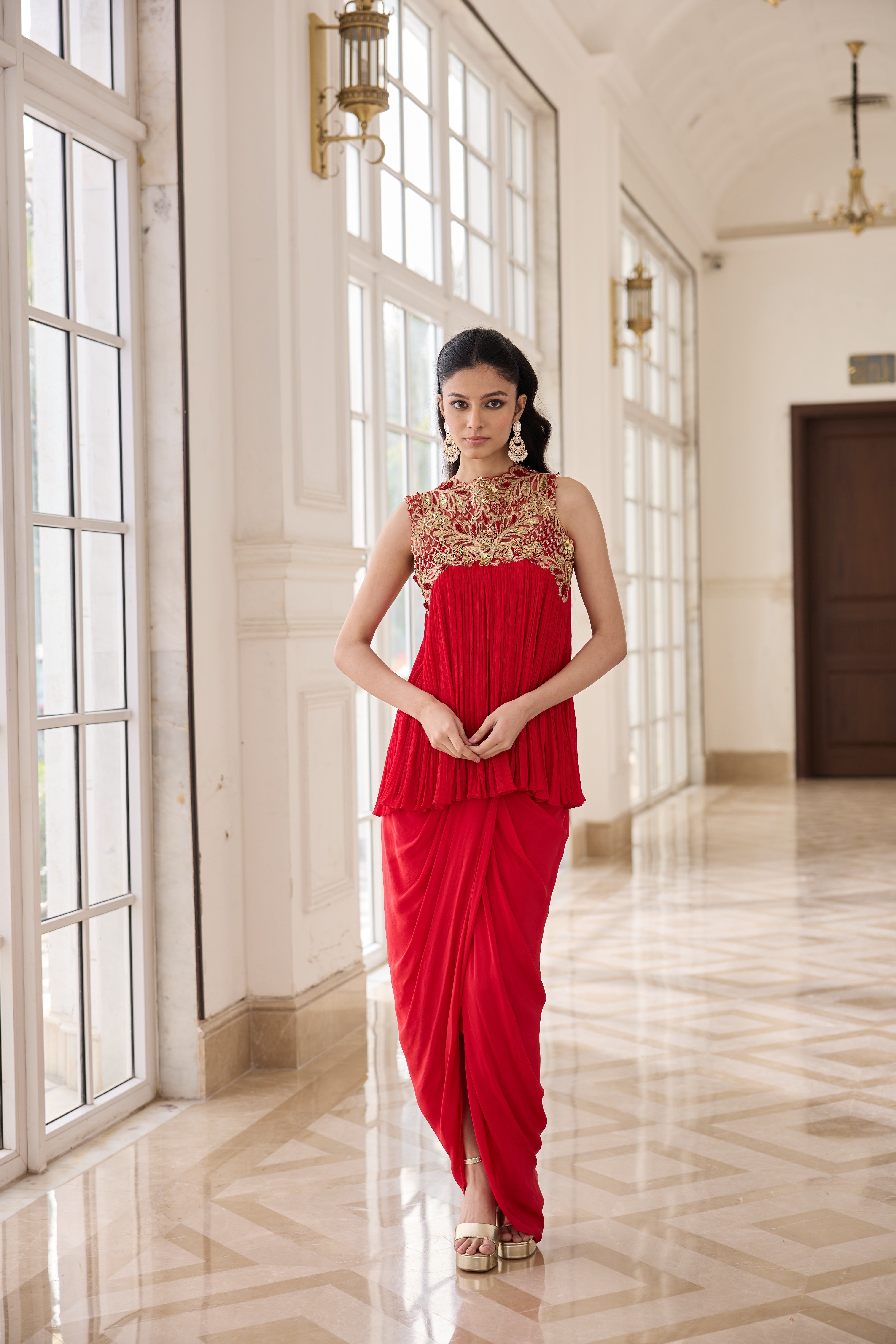 Hand Embelished Rushing Top with Dhoti skirt