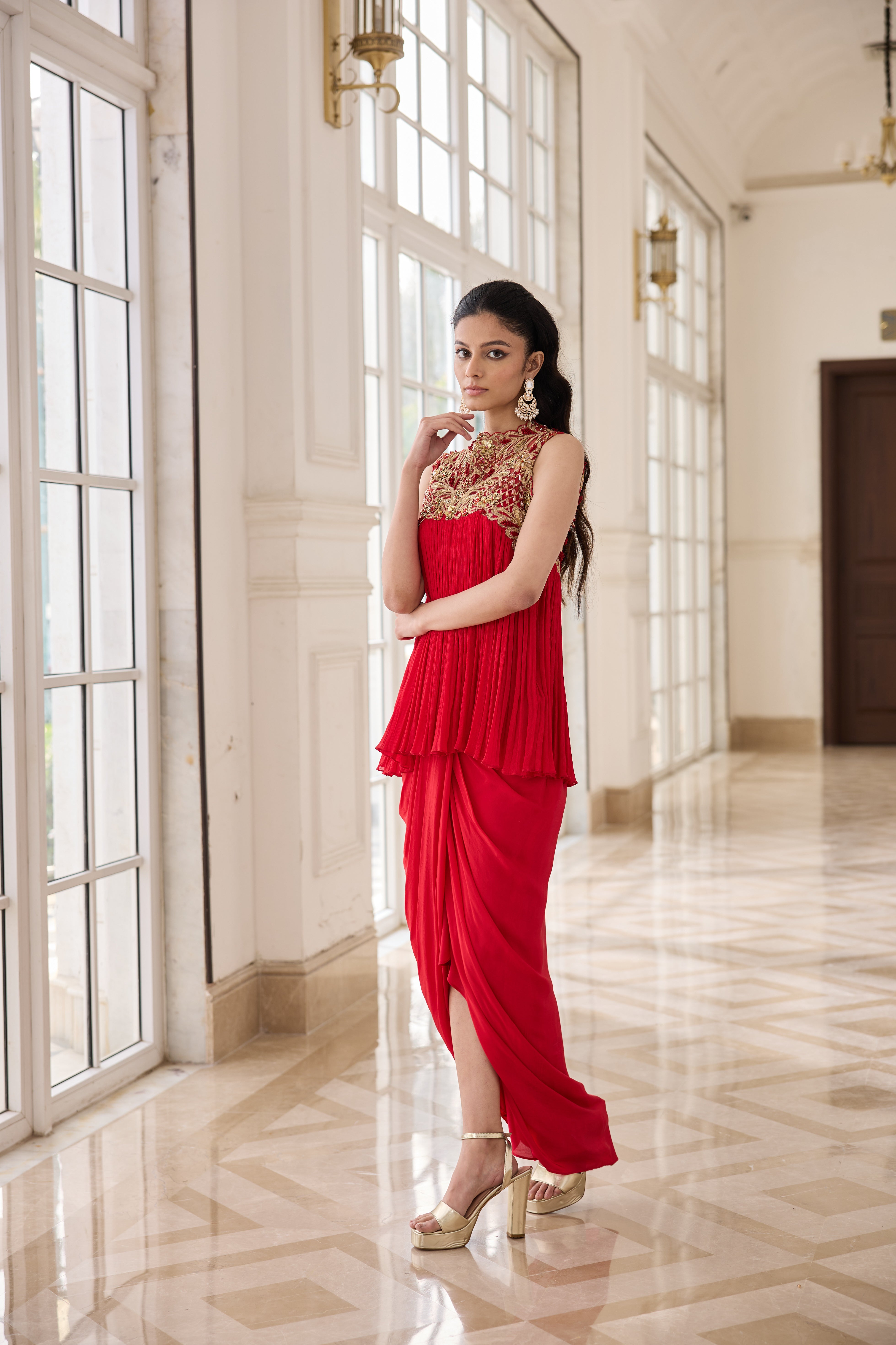 Hand Embelished Rushing Top with Dhoti skirt