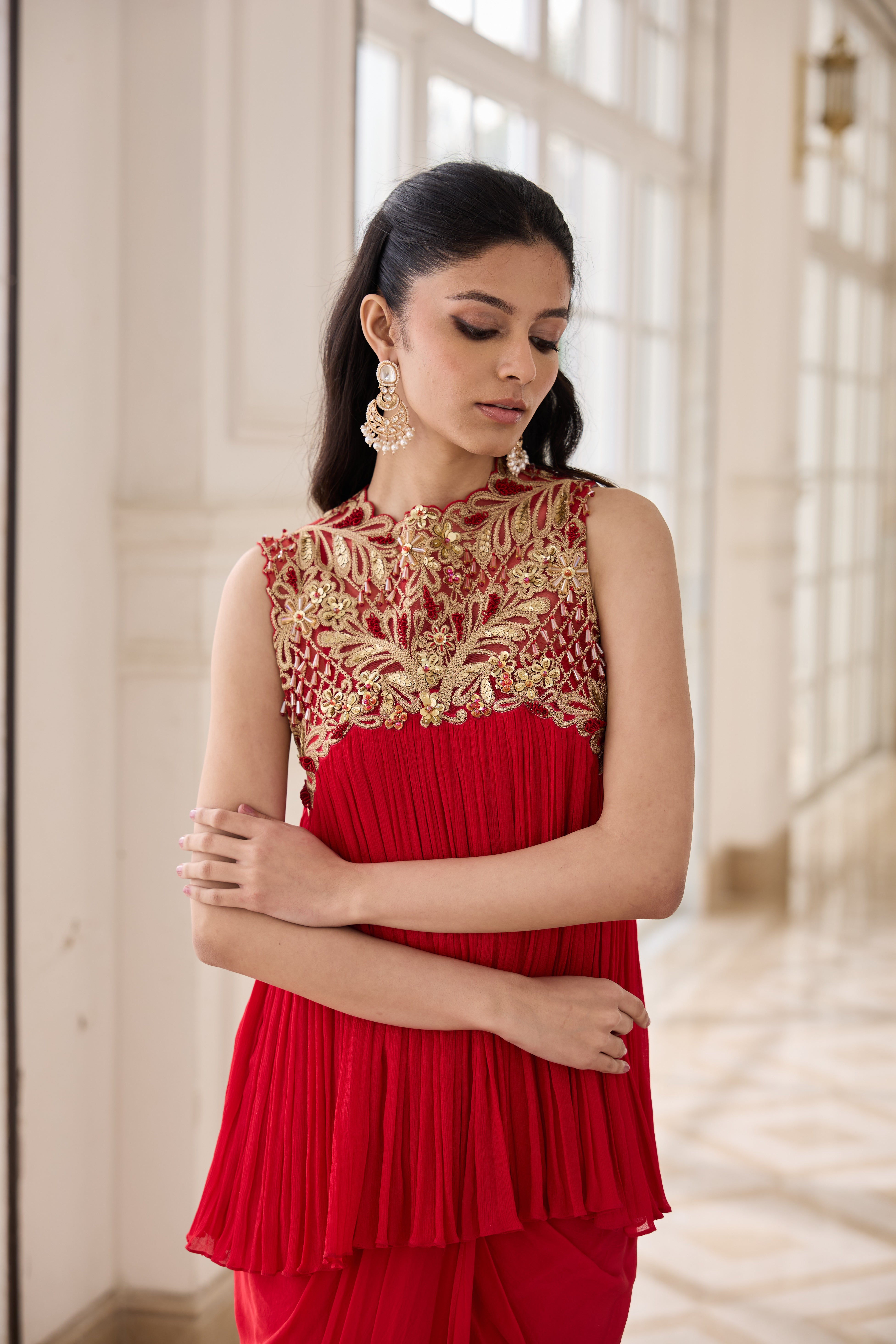 Hand Embelished Rushing Top with Dhoti skirt